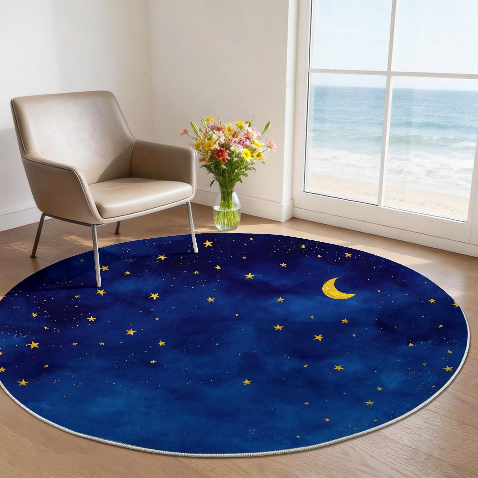 Générique Lune Tapis Rond Enfant 120 cm, Bleu Foncé Lavable & Antidérapant, Tapis de Jeux Doux Minimaliste Aquarelle Ciel Étoilé pour Chambre Bébé & Nurserie