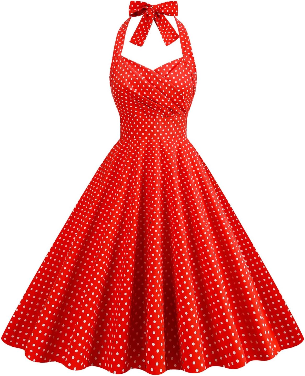 IWEMEK 1950s Dress for Women Pinup 50s Red Polka Dot 1940s Rockabilly Halter Bowknot 50's Dresses Vintage Audrey Hepburn with Pockets Red-Ruched L