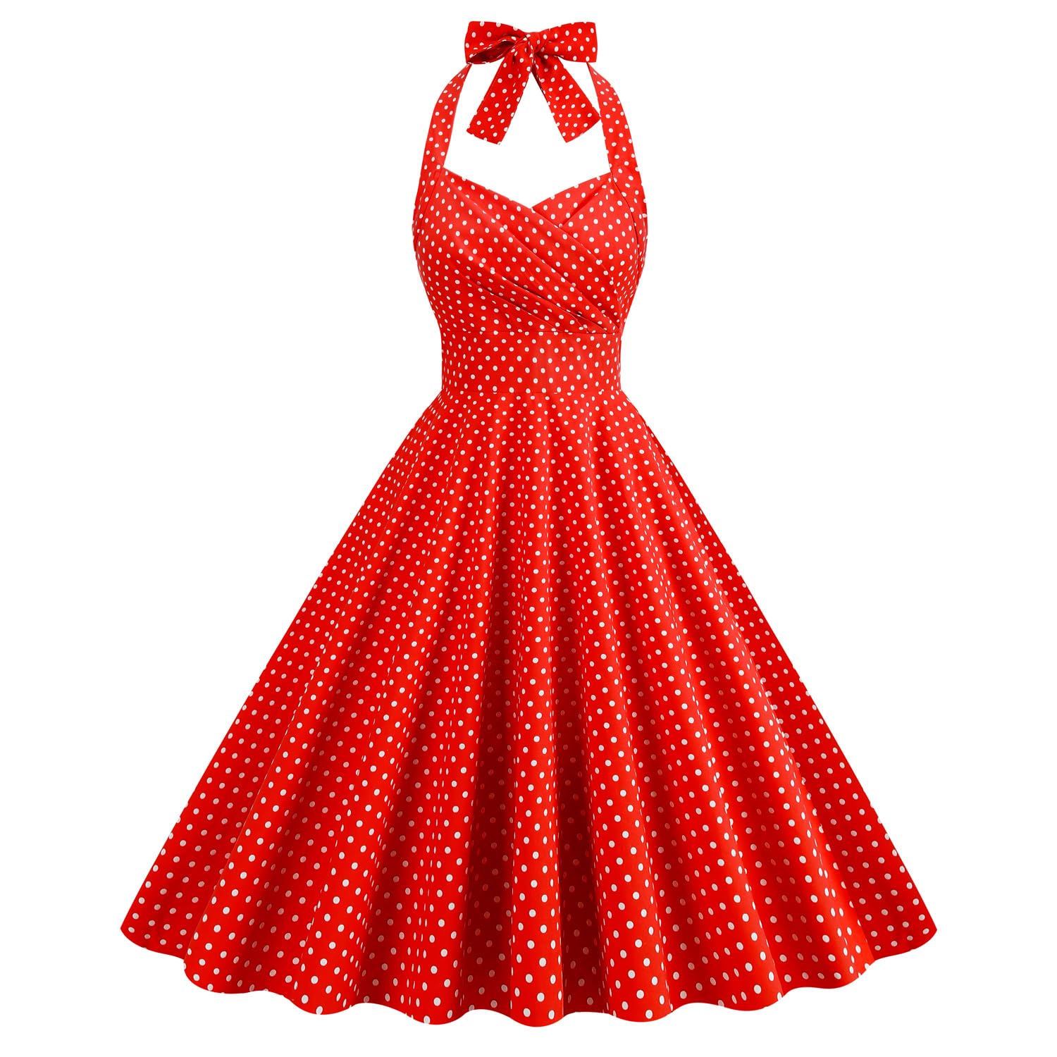 Robe de cocktail vintage années 50 à pois avec boutons floraux Rockabilly Audrey Hepburn pour bal de fin d'année, thé, Rouge froncé, Taille M