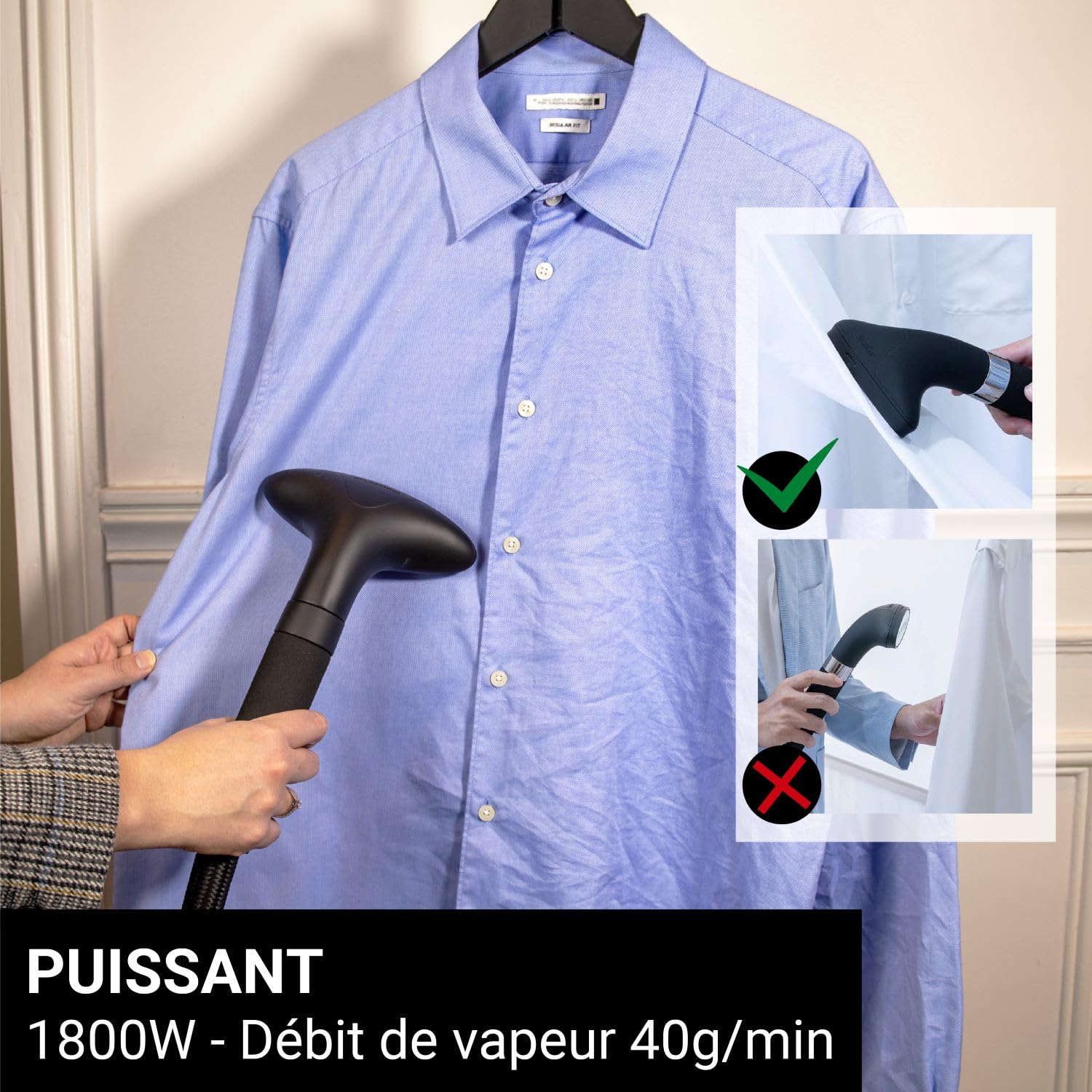 SteamOne - Steamer Défroisseur Vapeur 1800W 40g/min H18B - Fer Vertical Autonomie 45min (1800ml) - Élimine 99,99% d'Impuretés - Prêt en 60s - Câble 2m - Tuyau Triple Protection Thermique