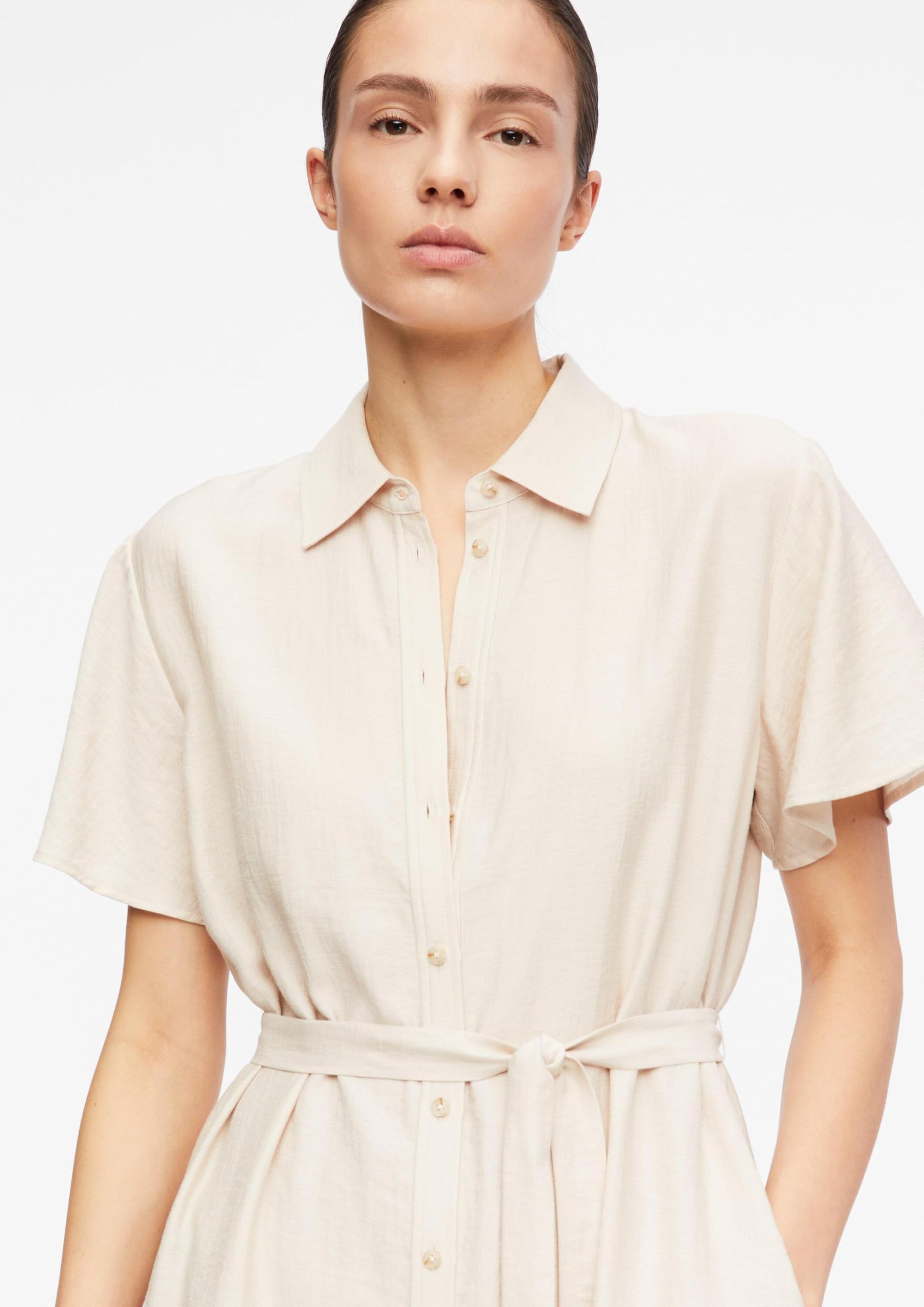 Comma Damen Hemdblusenkleid aus Viskose-Leinen-Mix – Relaxed Fit, Kurzarm, Midi-Länge