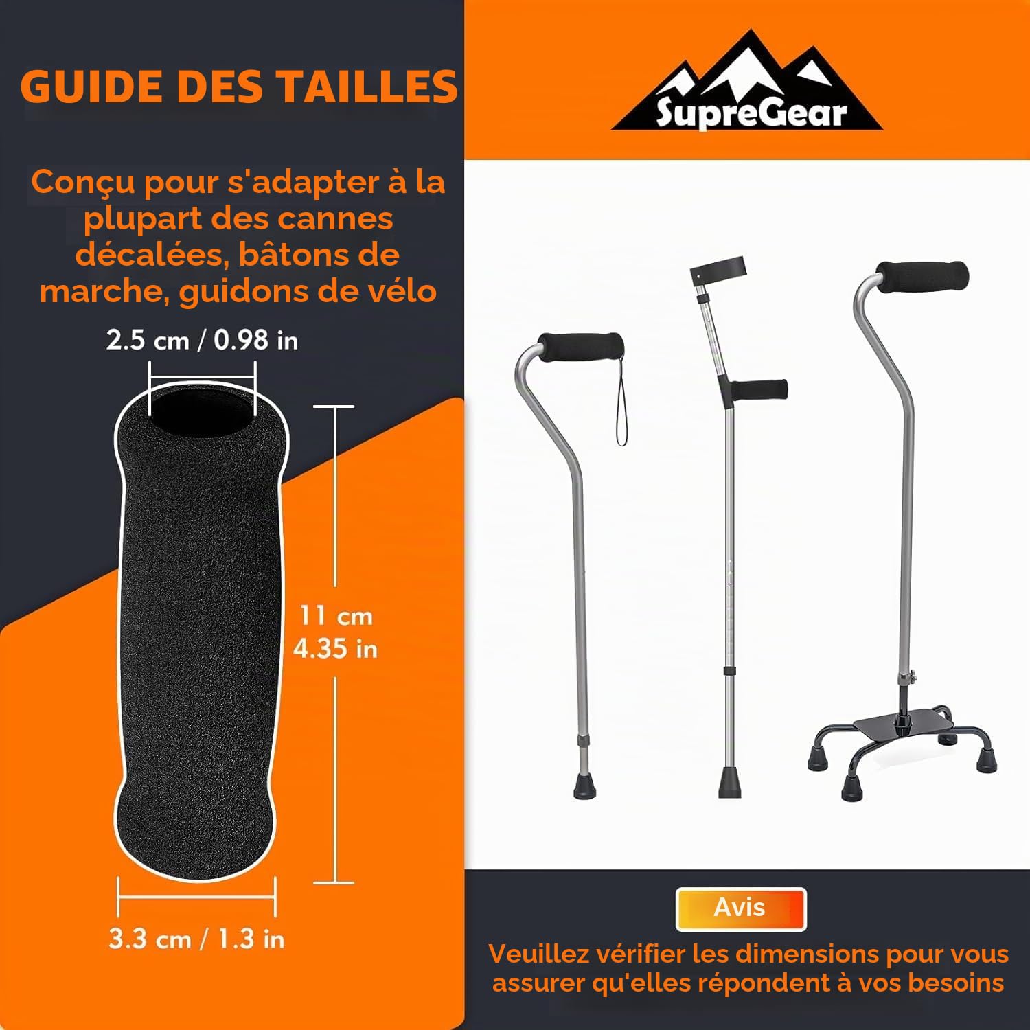 supregear Poignée de Canne, Remplacement Poignées en Mousse pour Canne de Marche et Béquille, Poignée Mousse pour Guidon de Vélo, 4,53 x 0,98 x 0,98 Pouces