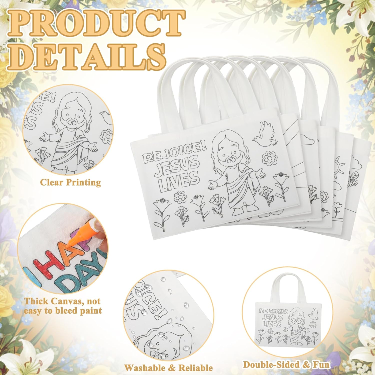 Locmeo 18 Pcs He Lives Easter Canvas Coloring Bag, DIY Craft Bulk image 3