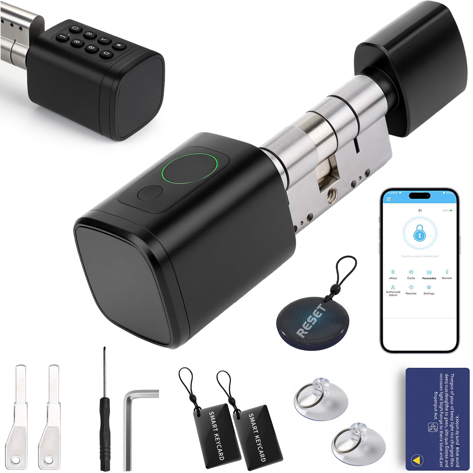 Serratura elettronica delle impronte digitali – Smart Lock con cilindro di chiusura regolabile 60 – 90 mm, serratura con impronte digitali, password, RFID, Bluetooth, chiavi, supporto app telecomando