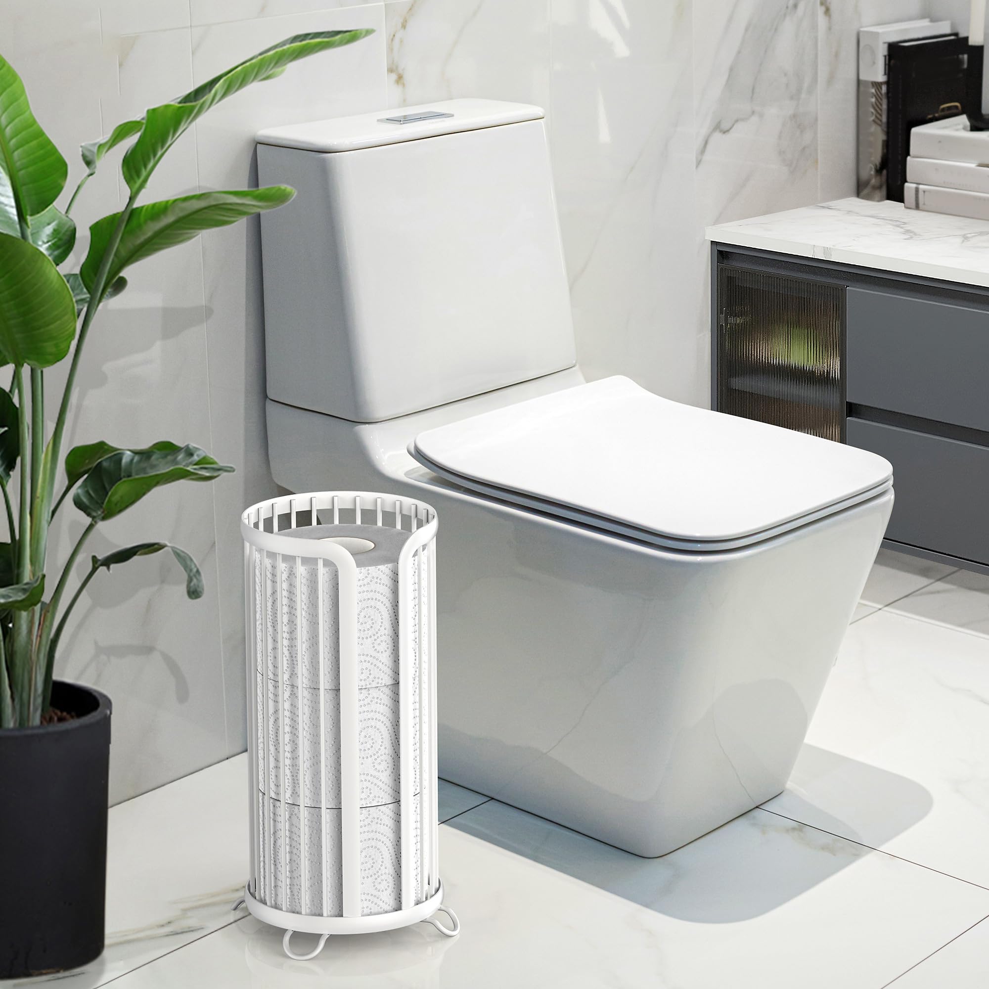 Bunoxea Toilettenpapierhalter, freistehender Toilettenpapier-Organizer, minimalistische Aufbewahrungslösung, Reserve Mega Rollen, Weiß