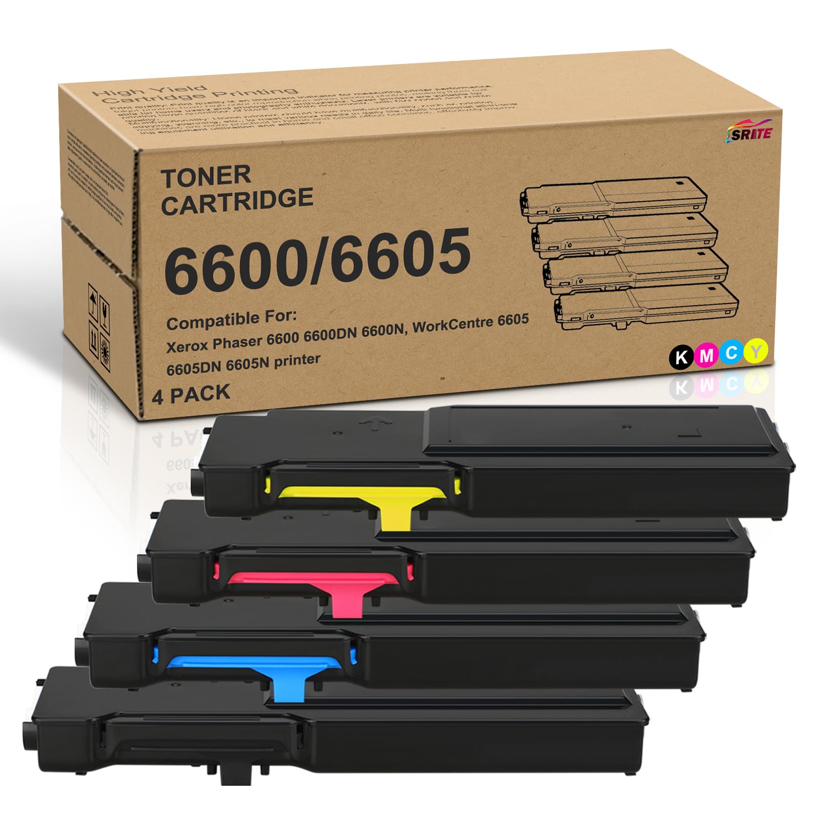 SRITE 4-Pack Phaser 6600 WorkCentre 6605 High Capacity Toner Cartridge | Compatible with Xerox 106R02225 106R02226 106R02227 106R02228 for Phaser 6600N 6600DN WorkCentre 6605N 6605DN Printer