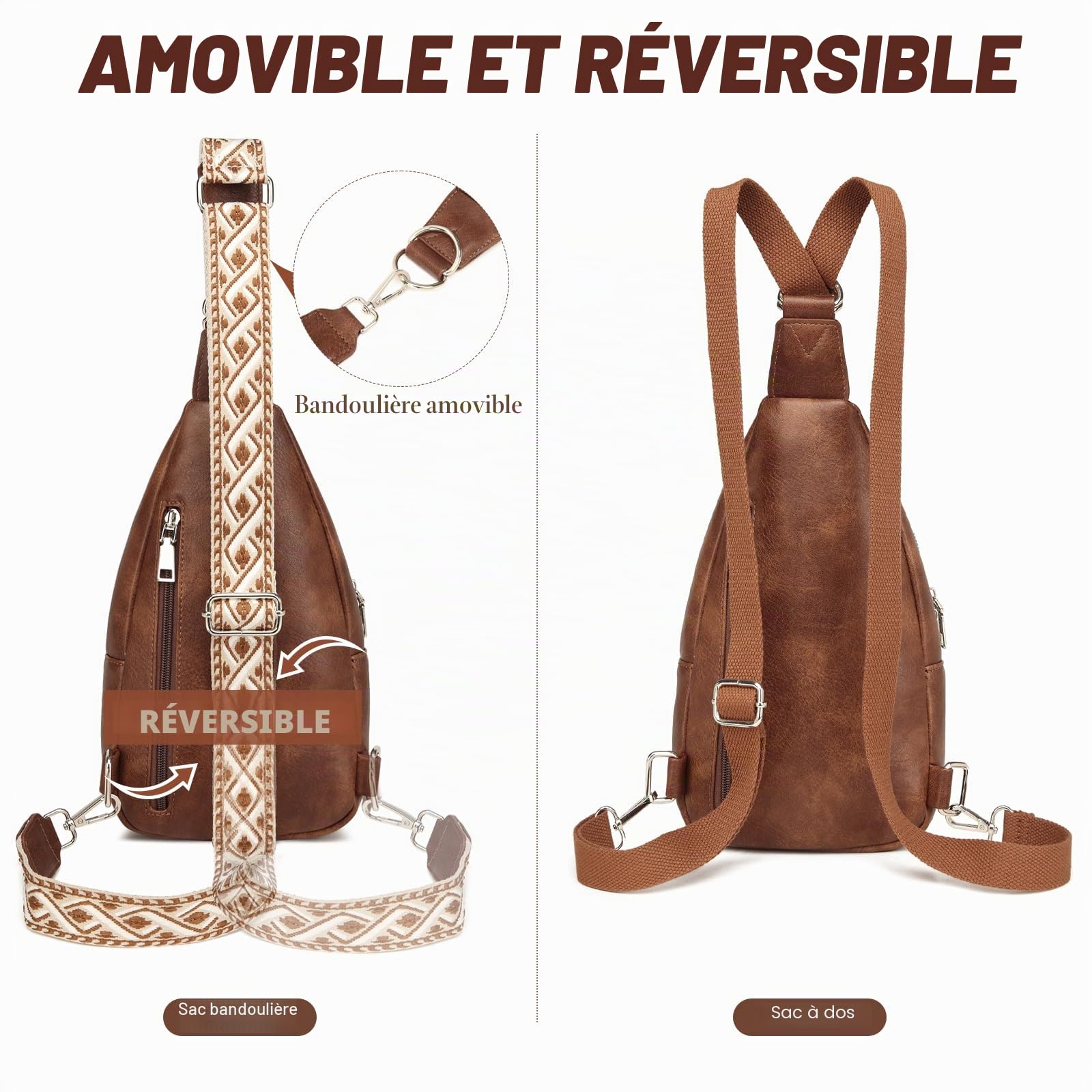 Travistar 2 en 1 Sac de Poitrine Femme Sac à Dos Pochette Banane Sacs Bandoulière Femme PU Cuir avec 2 Sangles Amovibles et Réglable, Petit Sacoche de Sport a Main