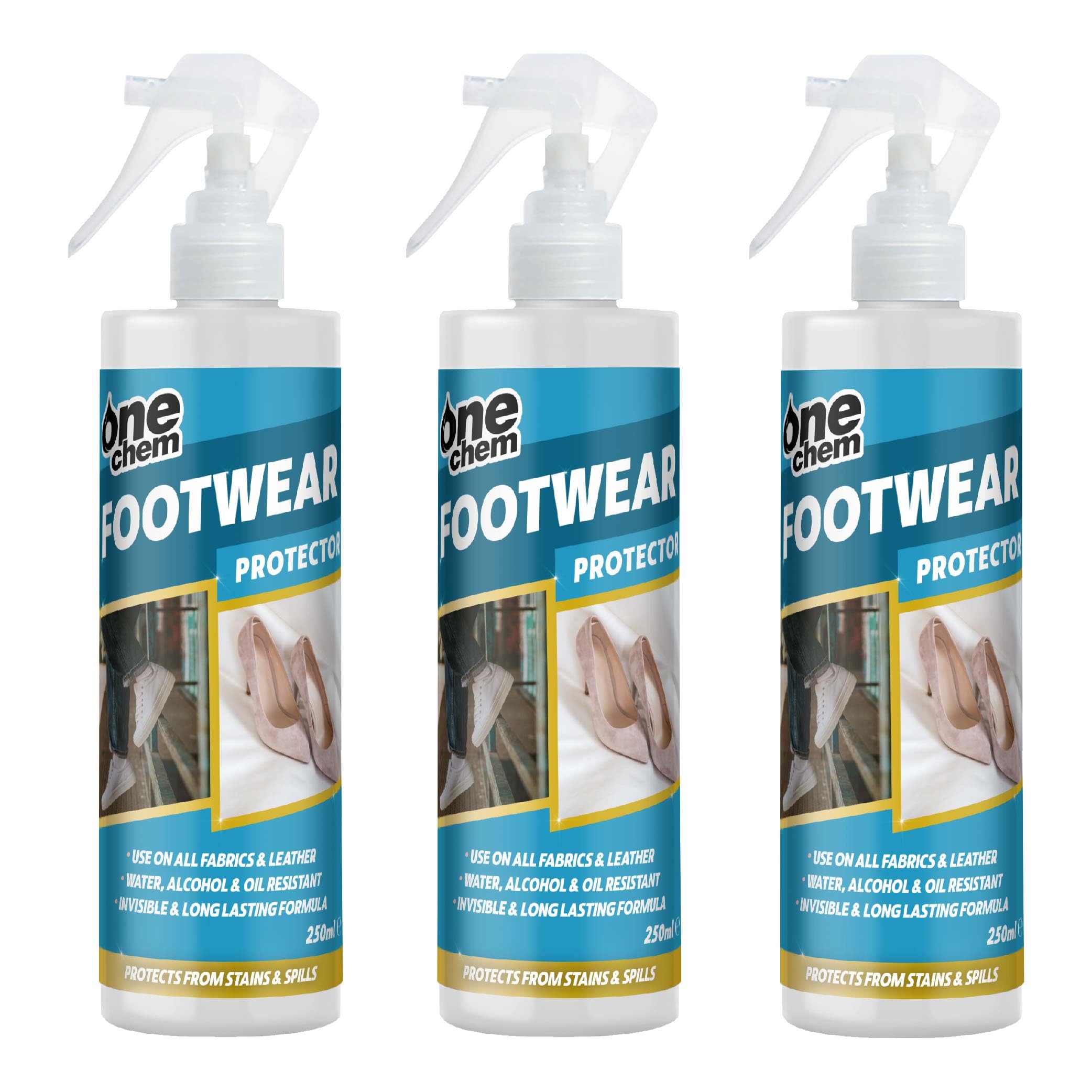 One Chem Footwear Protector Spray, 3 x 250ml, Waterproof Spray, Invisible Barrier for Fabric and Leather, Shoe protector