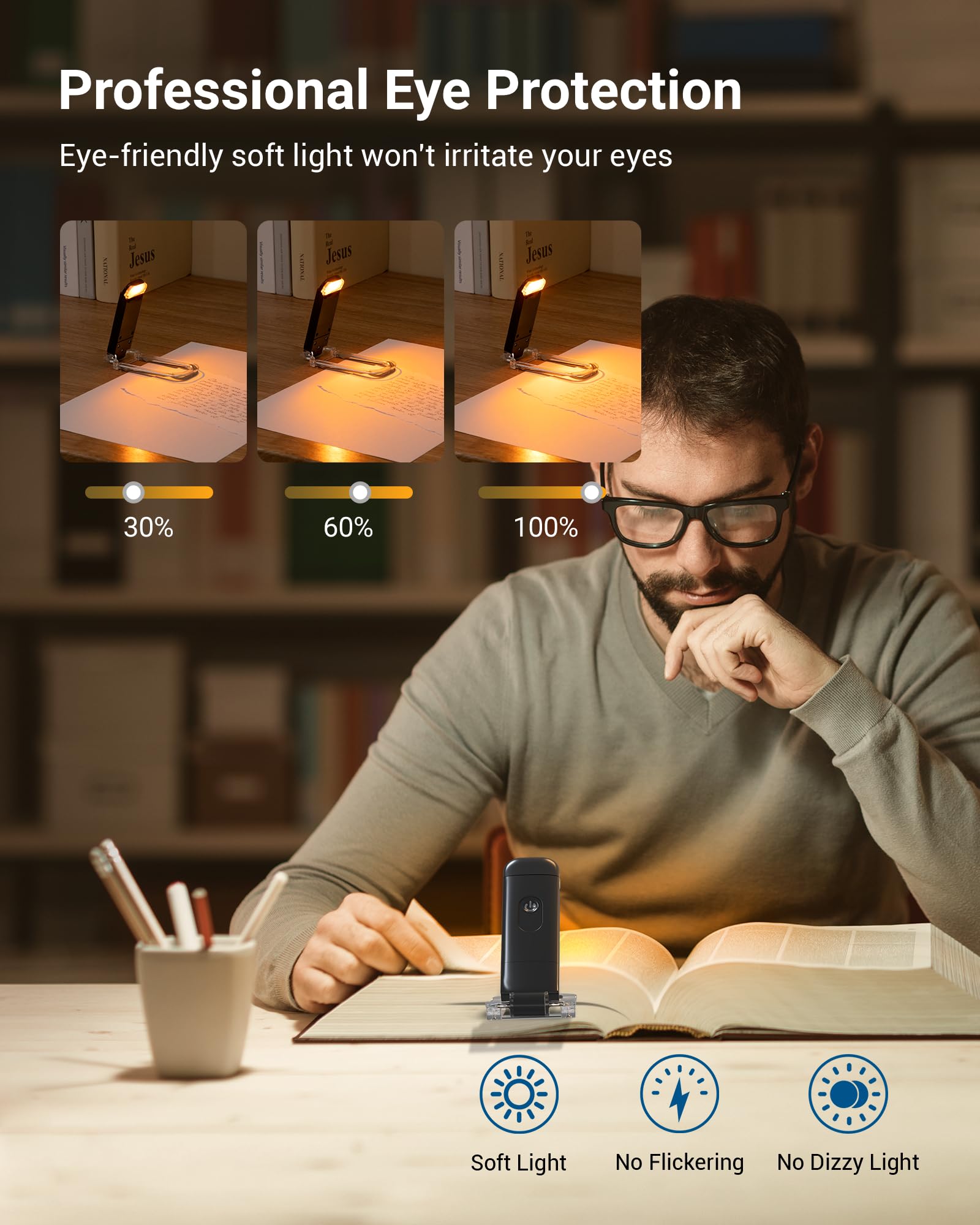 DEWENWILS Book Reading Light, Amber Warm Clip On LED with 3 Adjustable Brightness for Eye Protection, Rechargeable USB, Gifts for Bookworms, Kids (Black)