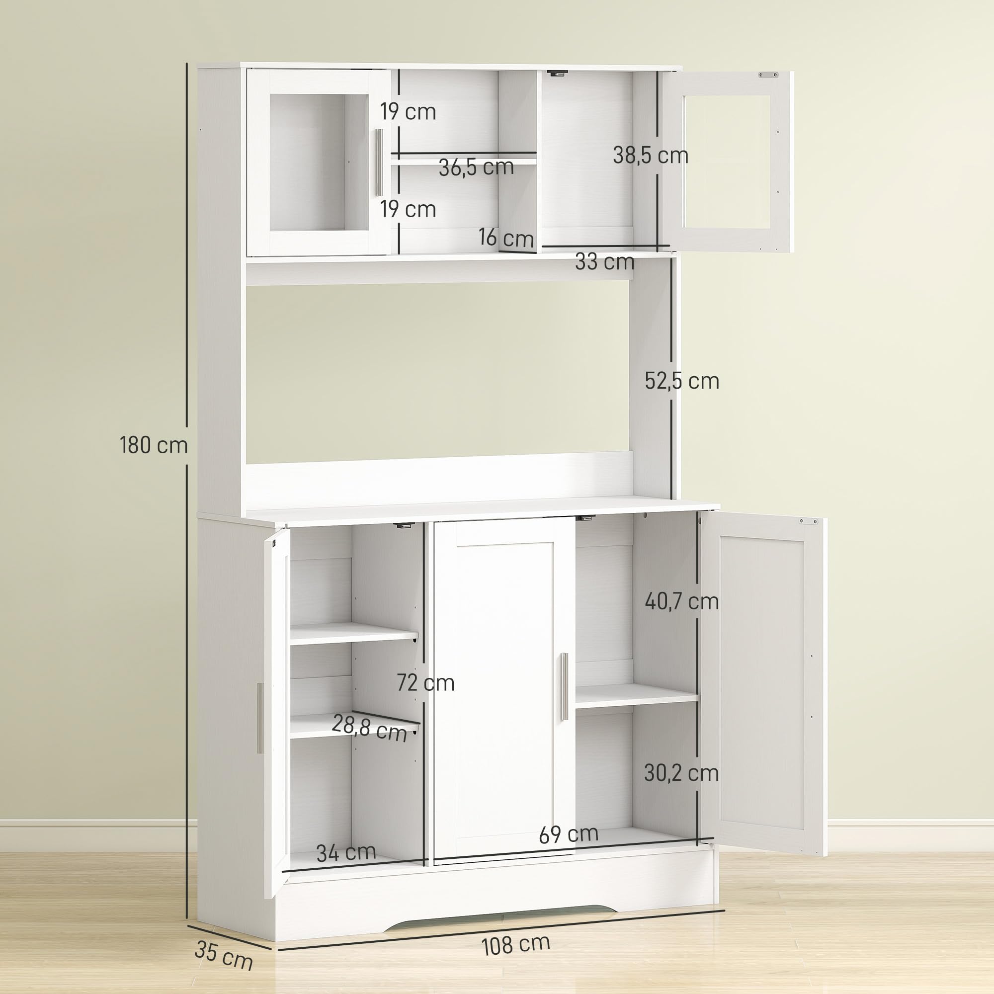 HOMCOM Alacena de Cocina, Mueble Auxiliar de Cocina con 2 Puertas de Vidrio, Encimera Amplia para Microondas, Compartimentos Abiertos, Estantes Ajustables, 108x35x180 cm, Blanco