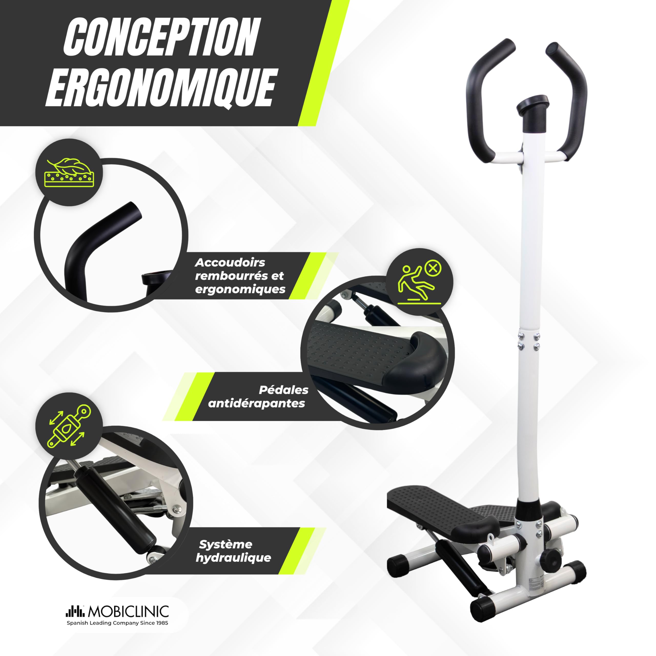Mobiclinic®, Stepper avec Guidon, Hauteur Réglable, Écran LCD, Intensité Réglable, Pédales Antidérapantes, Appareil Pas à Pas, Compact, Exercice à Domicile, Step-Pro