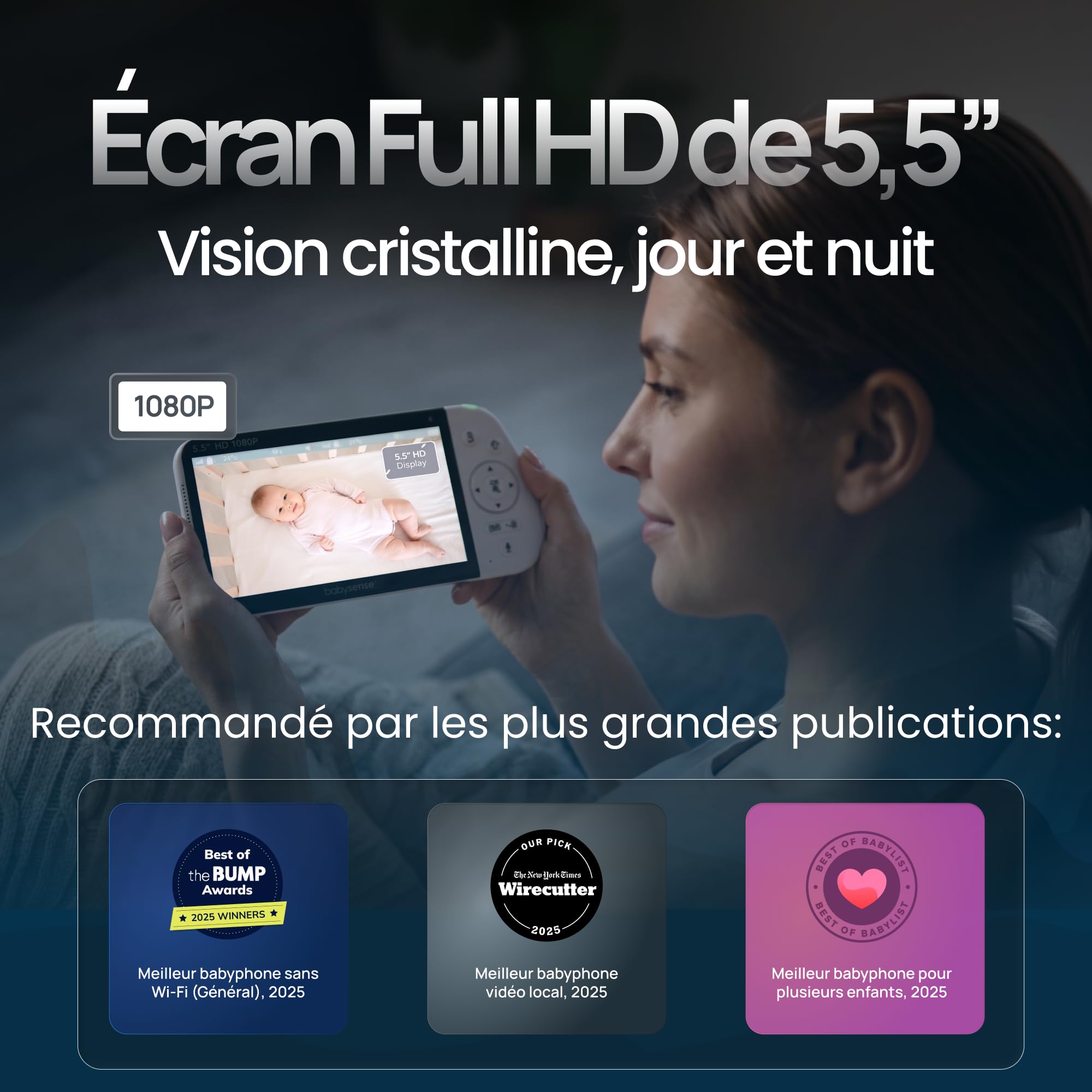 Babysense - Moniteur bébé Full HD écran partagé - Avec 2 caméras - Veilleuse en 6 couleurs - Bruit et machine à lumière - Batterie de 20 heures - Connexion sécurisée sans WiFi