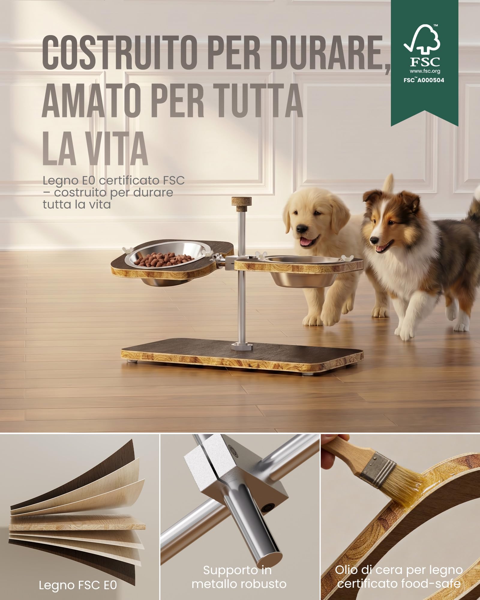 kittyspout Ciotole rialzate per cani, regolabili in altezza e inclinazione | Struttura FSC classe E0, 2 ciotole in acciaio inox lavabili in lavastoviglie e base antiscivolo