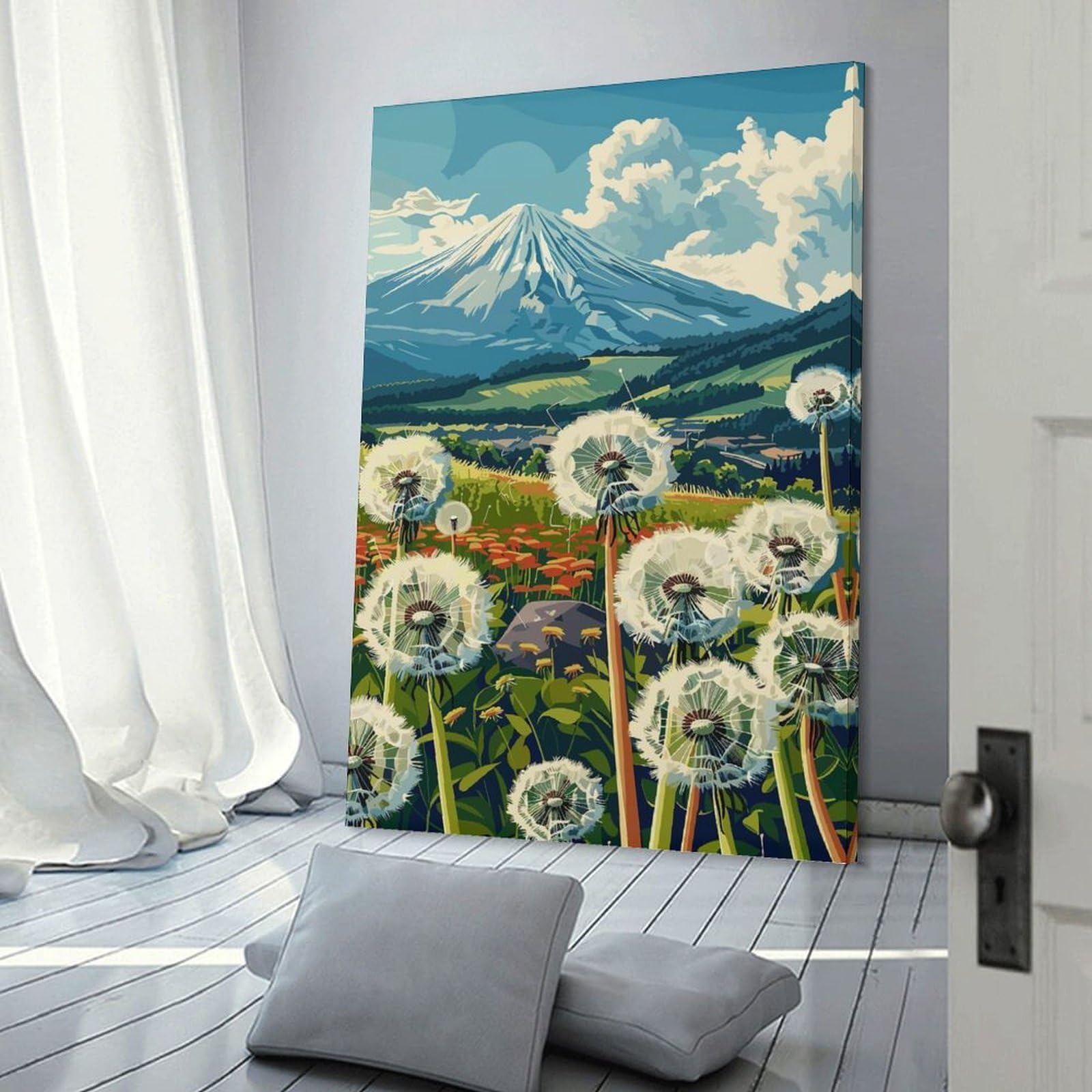 Junmoney Mount Fuji Dandelion Field Room Decor Wall Art, 12x18inch(30x45cm), for Hallway, Lounge Or Guest Room, Gift Idea for Housewarming And Birthdays