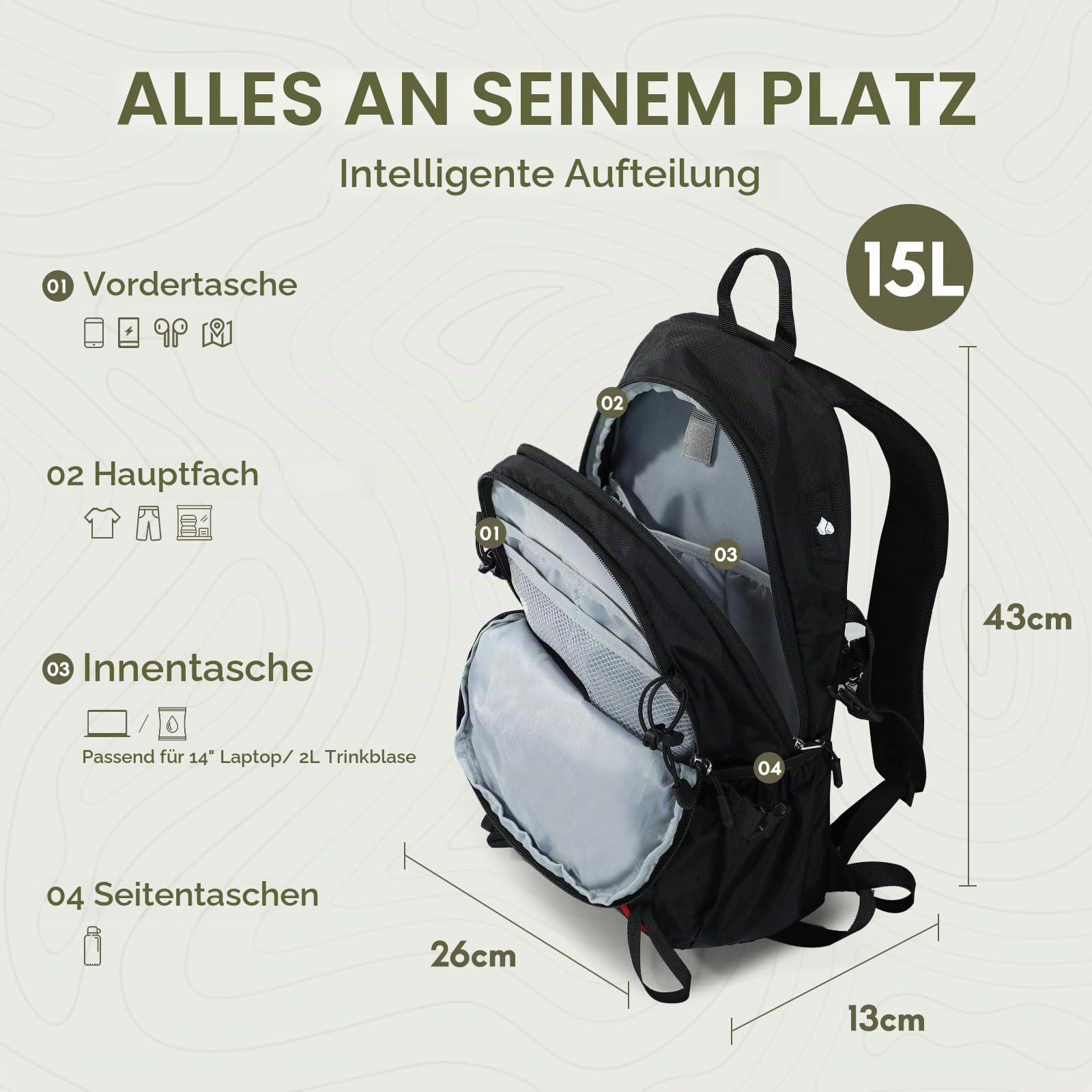 Haimont 15L Wanderrucksack - Ultraleichter Tagesrucksack für Herren & Damen, Wasserabweisender Daypack für Reisen & Trekking