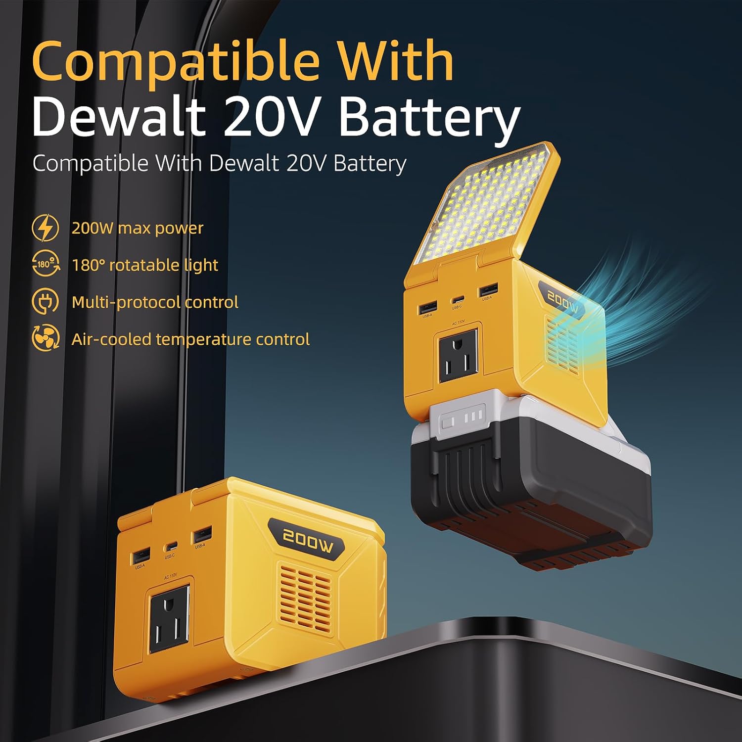 Power Inverter for DeWalt 20V Battery 200W (350W Peak), Portable Power Station Outdoor Generator Battery Converter with 2 USB-A &1 USB-C&110V AC & 500 LM LED Light (Tool Only)