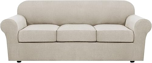 H.VERSAILTEX - 4 fundas de sofá elásticas para 3 fundas de cojín para muebles de sala de estar (funda base más 3 fundas de cojín de asiento), tela