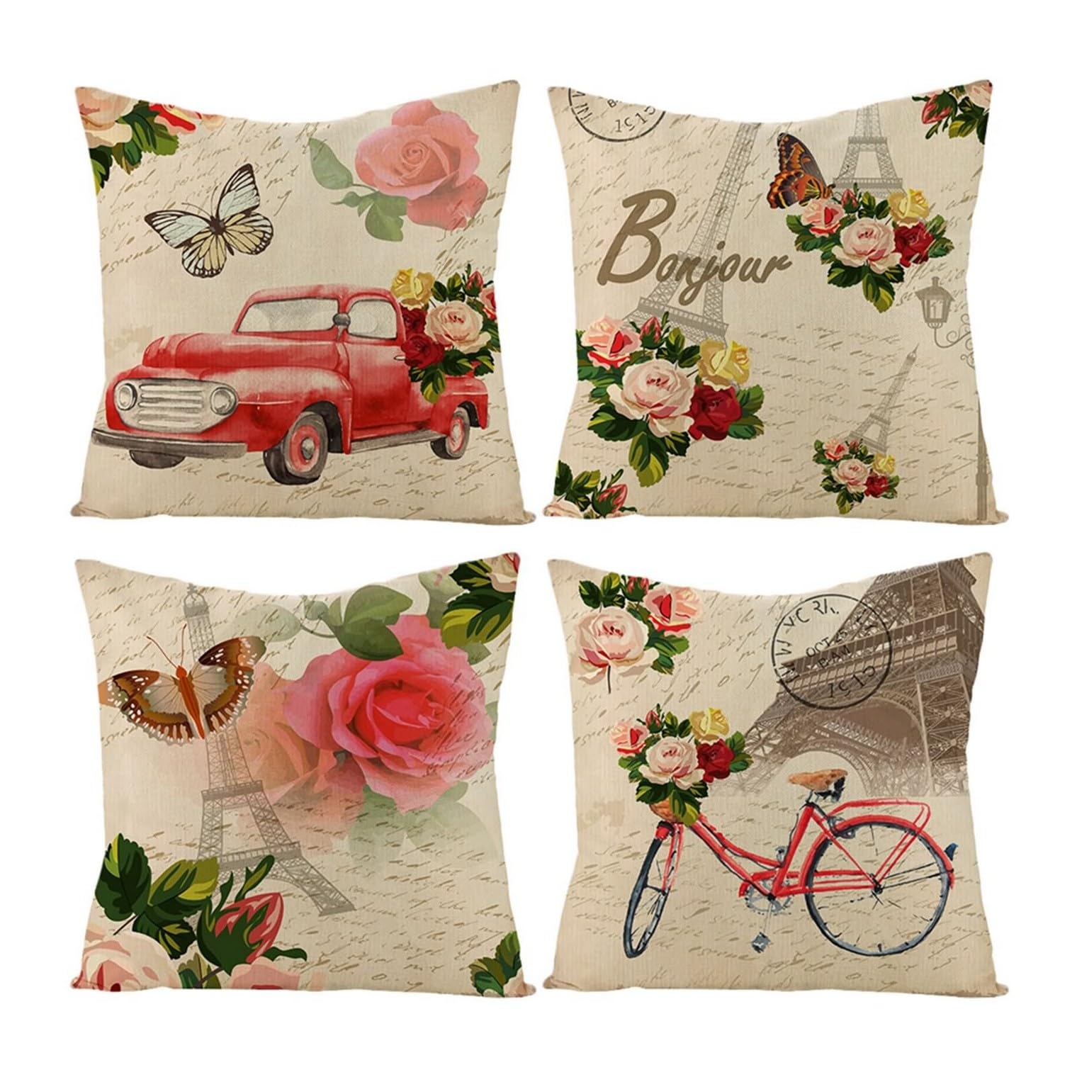 Housse de coussin 50x50cm en lin CEVAN, motif bicyclette et fleur pour jardin, lot de 4