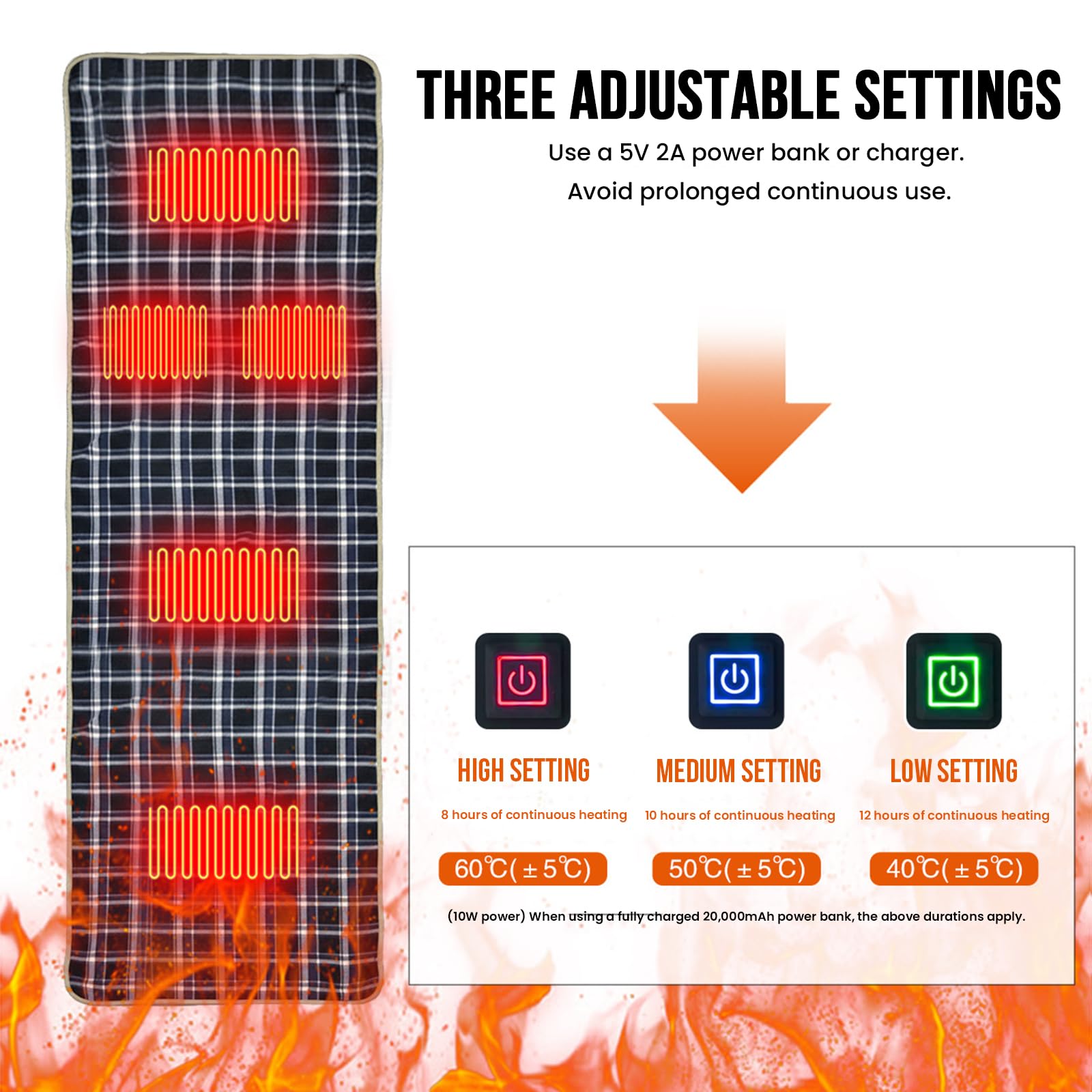 Coussin de couchage chauffant électrique USB portable, 5 zones de chauffage, étanche, pour camping et randonnée