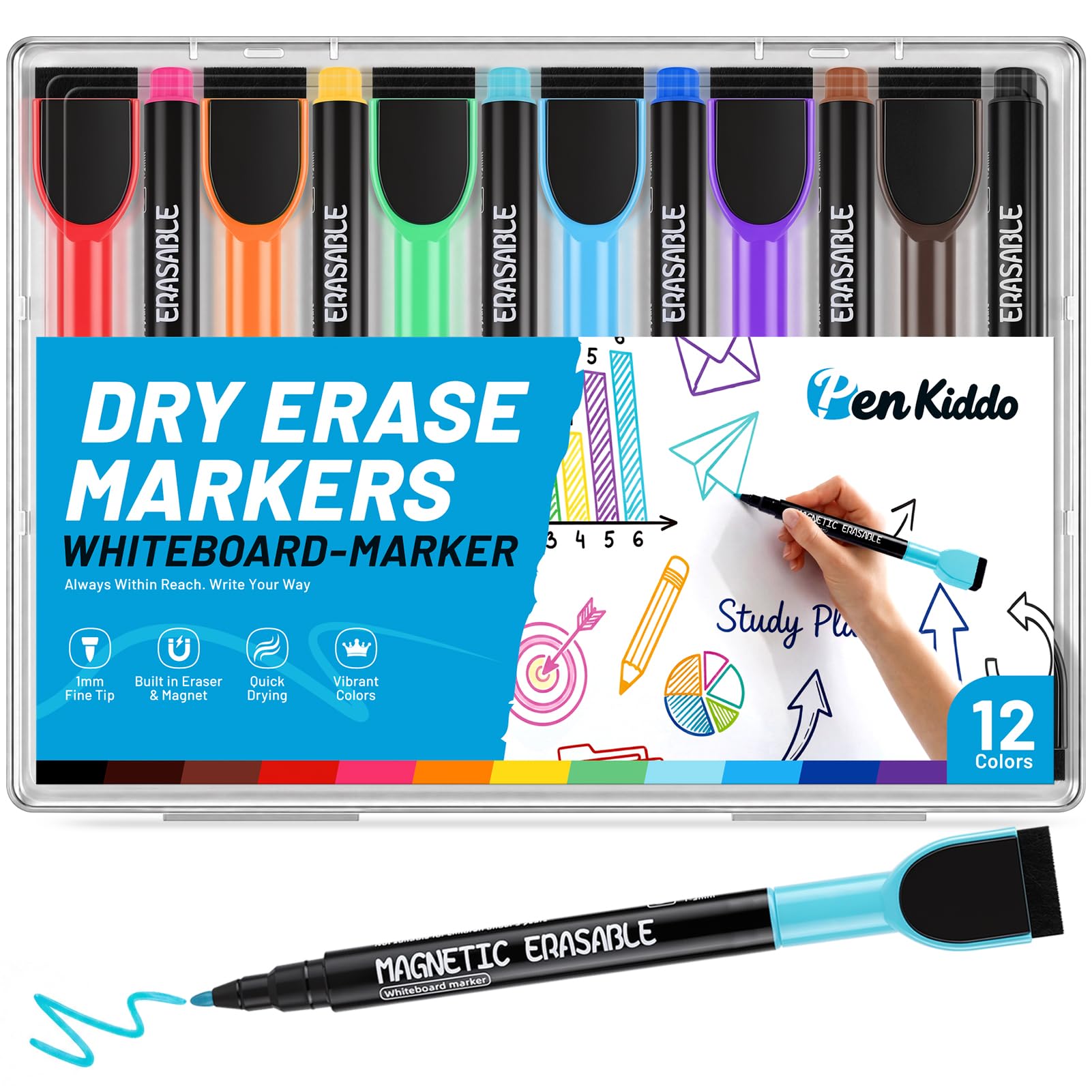 Rotuladores Pizarra Blanca, 12 Colores Rotuladores Pizarra Magnética con Punta Fina y Borrador, Whiteboard Marker de Secado Rápido y Bajo Olor para Hogar Escuela Oficina