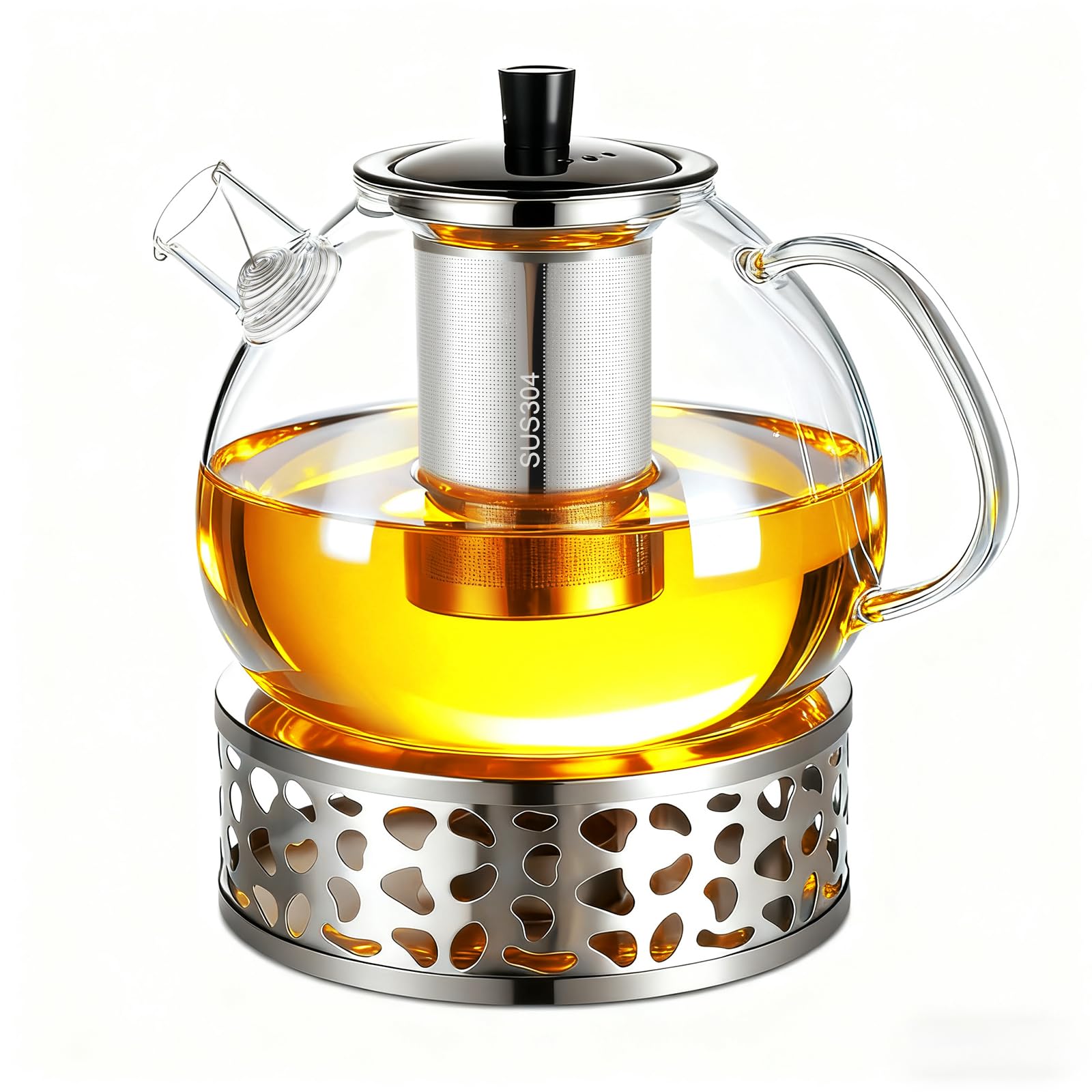 Teiera in vetro per teiera da 1500 ml - con base in acciaio inox e filtro removibile, realizzata in vetro borosilicato resistente al calore, adatta per tè verde, tè nero, tisane e bustine di tè