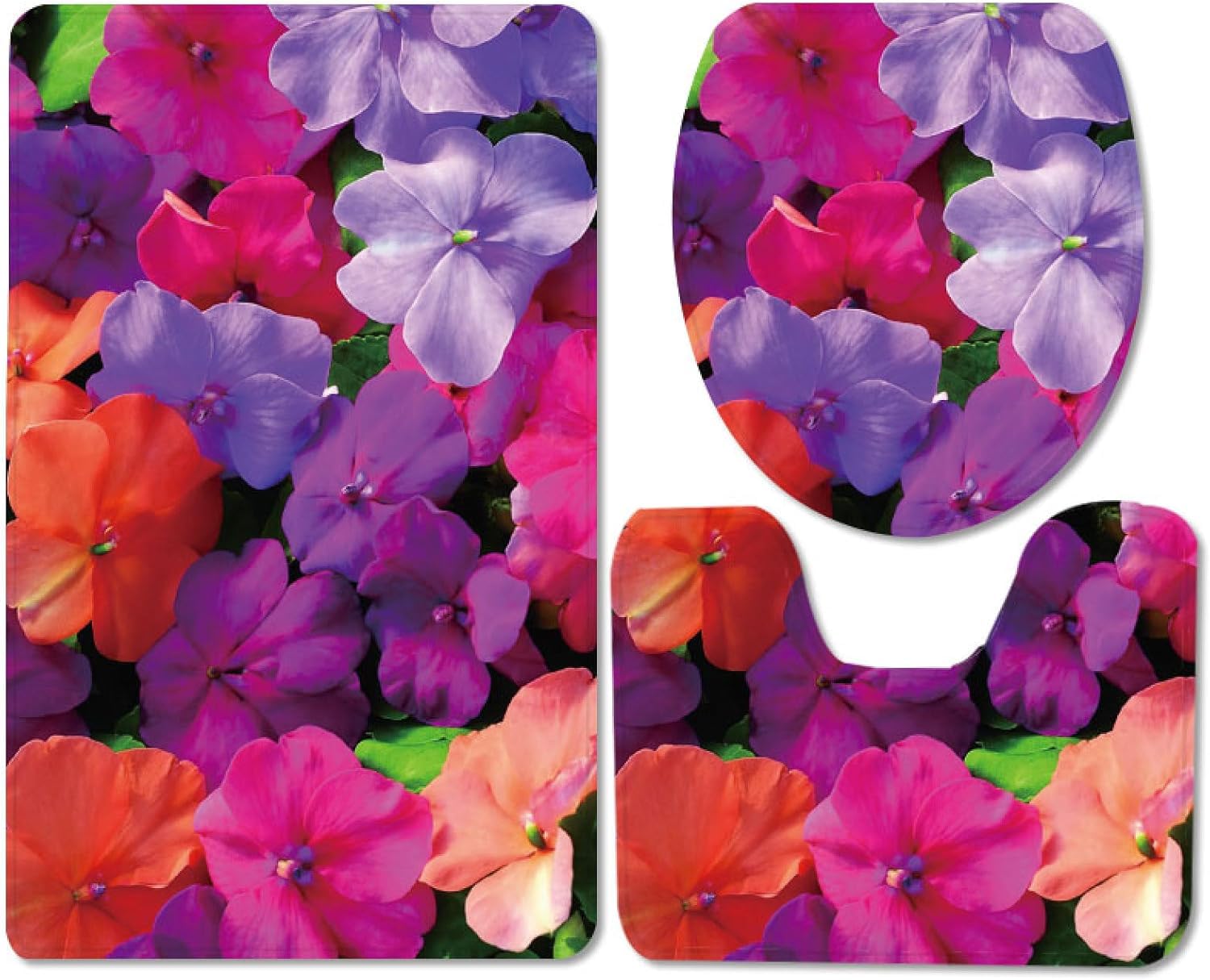 Set di tappetini da Bagno 3 Pezzi Petali Viola Rosso Antiscivolo per Bagno Tappeto Lavabile in Memory Foam Copriwater Tappetini a Forma di U 50x80 cm