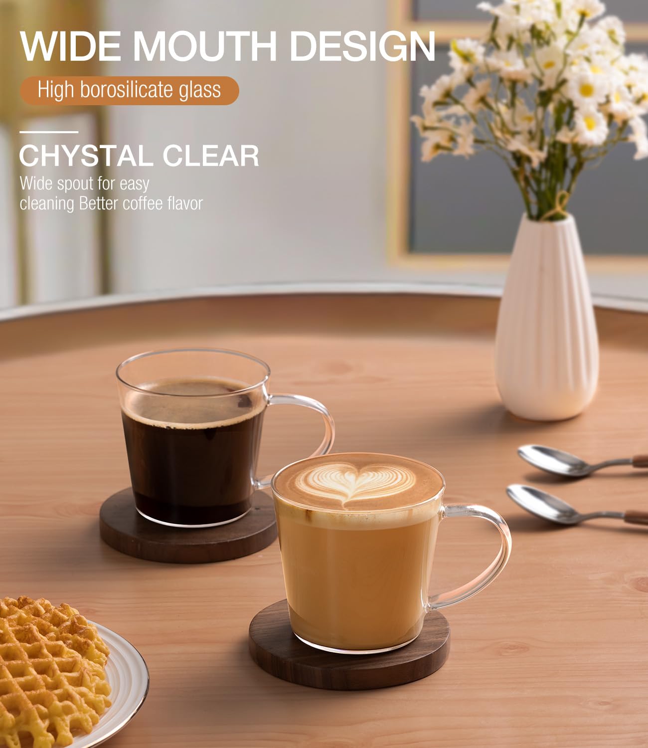 OJA Clear Coffee Cups Set of 4 - Wide Mouth Design Glass Coffee Mugs with Handle - 10oz Espresso Cups Set - Anti Scald Tea Mugs - Easy to Pull Flowers Coffee Glasses