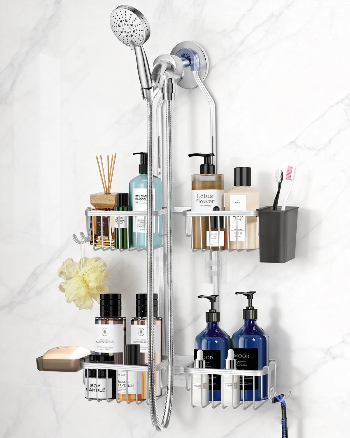 MSAICOE Adjustable Shower Caddy Hanging for Handheld Showerheads - Never Rust Shower Hanging Organizer Upgraded Bathroom Shower Rack