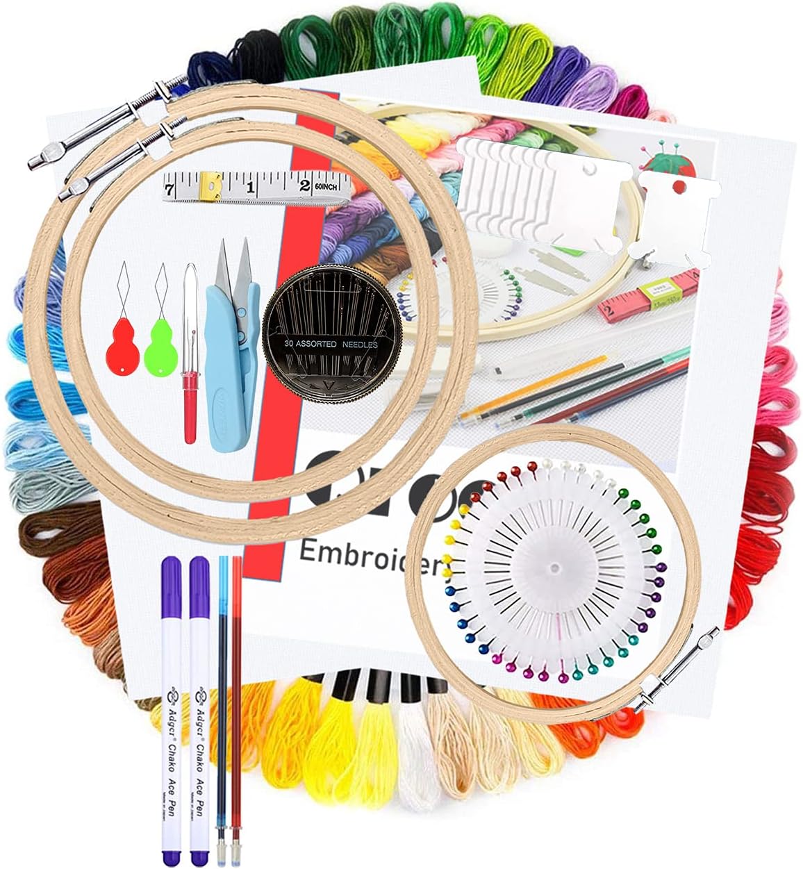 Qroof Embroidery Materials Starter Kit,50 Colour Threads,3 Pcs Bamboo Hoops,2 Pcs Aida Cloth And Cross Stitch Hand Embroidery Beginner Supplies Tool, Multicolour