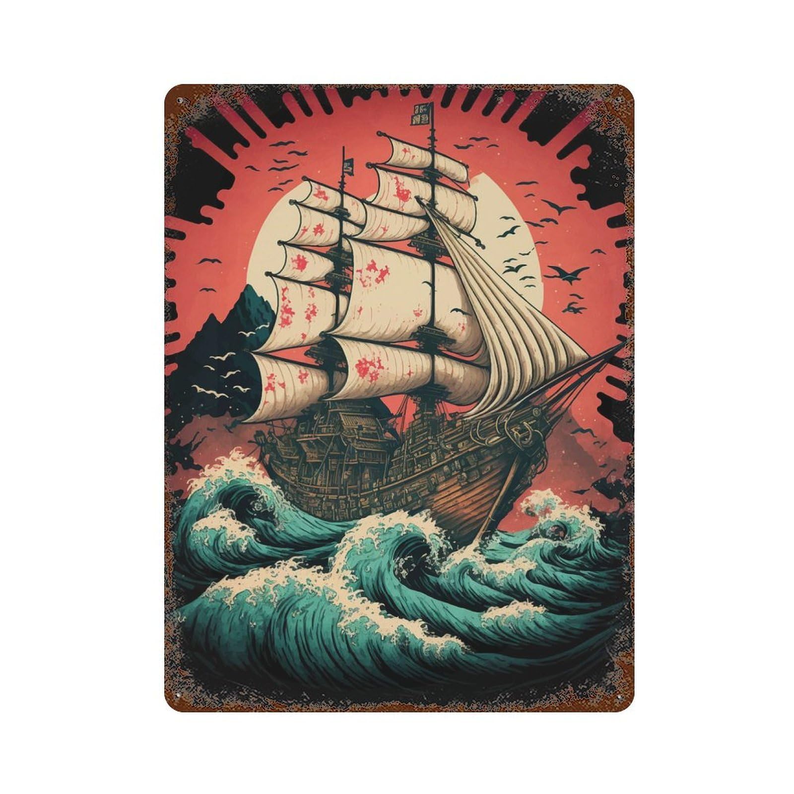 Sailboat Sunset Landscape Rust Effect Tin Sign 15.7"x11.8", Novelty Wall Decor for Garage, Pub Or Kitchen