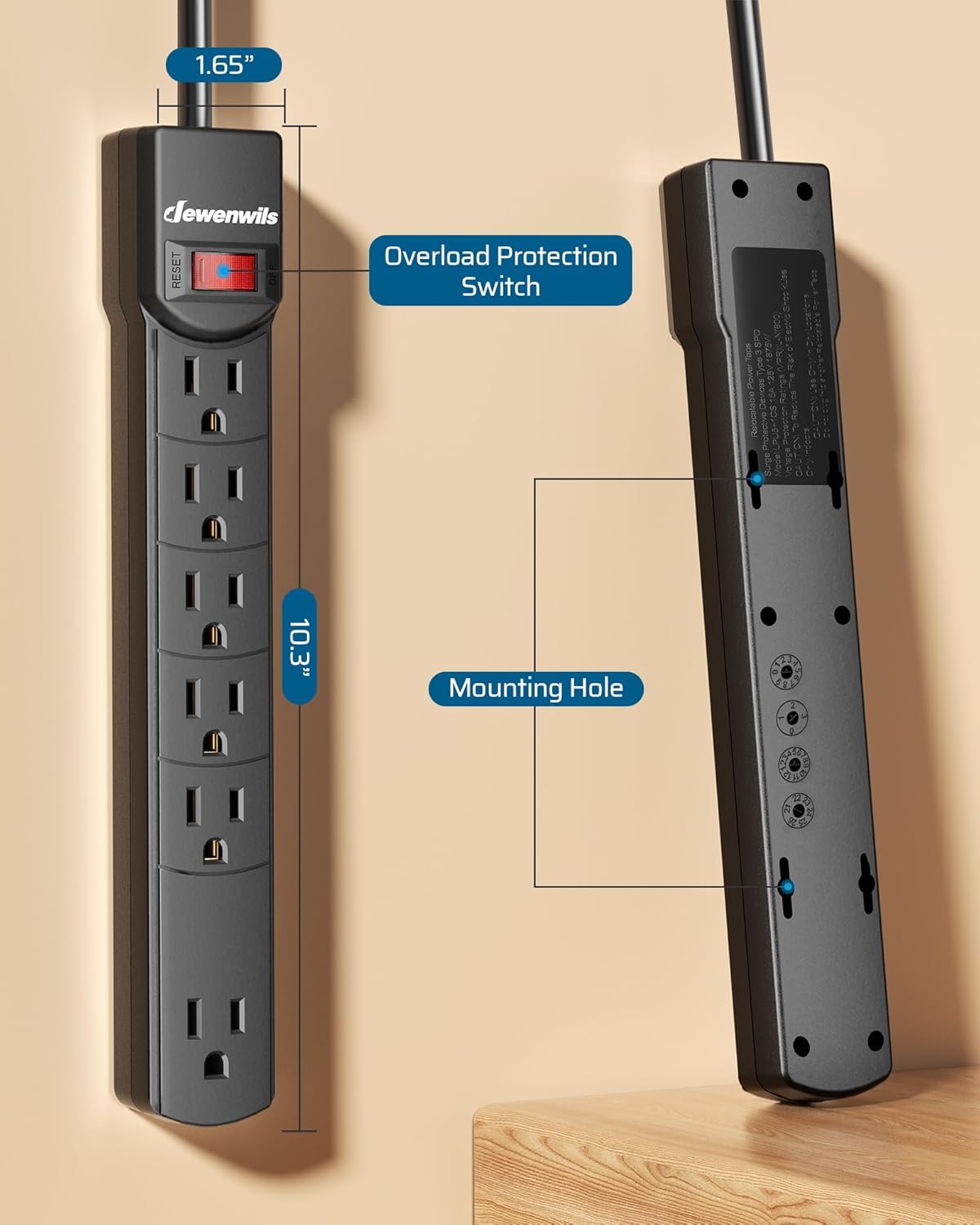 DEWENWILS 6FT Long Power Strip with Large Spacing Sockets, 300J Surge Protector，360° Rotating Flat Plug & 6 Outlets, 14/3C Black Extension Cord, Wall Mount,ETL Listed