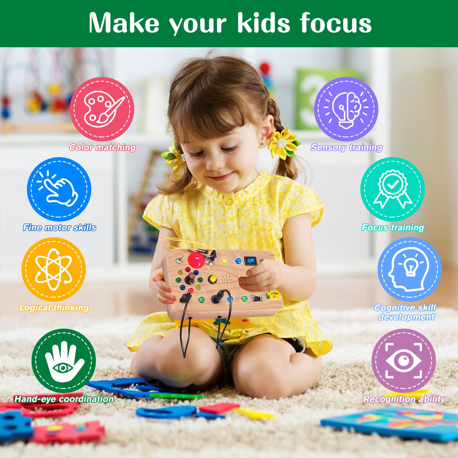 Carehabi Tableau Montessori Busy Board,Jouet Sensoriel éducatif pour Bébé 1 2 3 4 Ans,Tableau d'activités Electroniques avec 6 Interrupteurs,14 Lumières LED pour Cadeau de Noël et d'anniversaire
