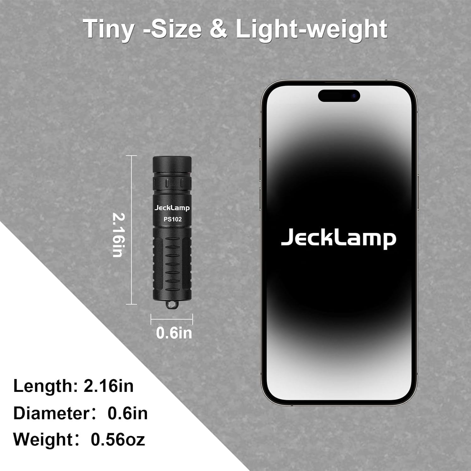 Diagram showing the compact dimensions of the JECKLAMP PS102 flashlight compared to a smartphone.
