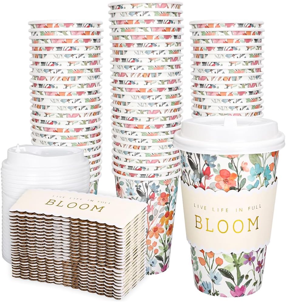 Whaline 50Pcs Spring Wildflower Disposable Coffee Cups with Lids and Sleeves Watercolor Spring Floral Bloom Paper Drinking Cups for Birthday Wedding Baby Shower Supplies - Image 8