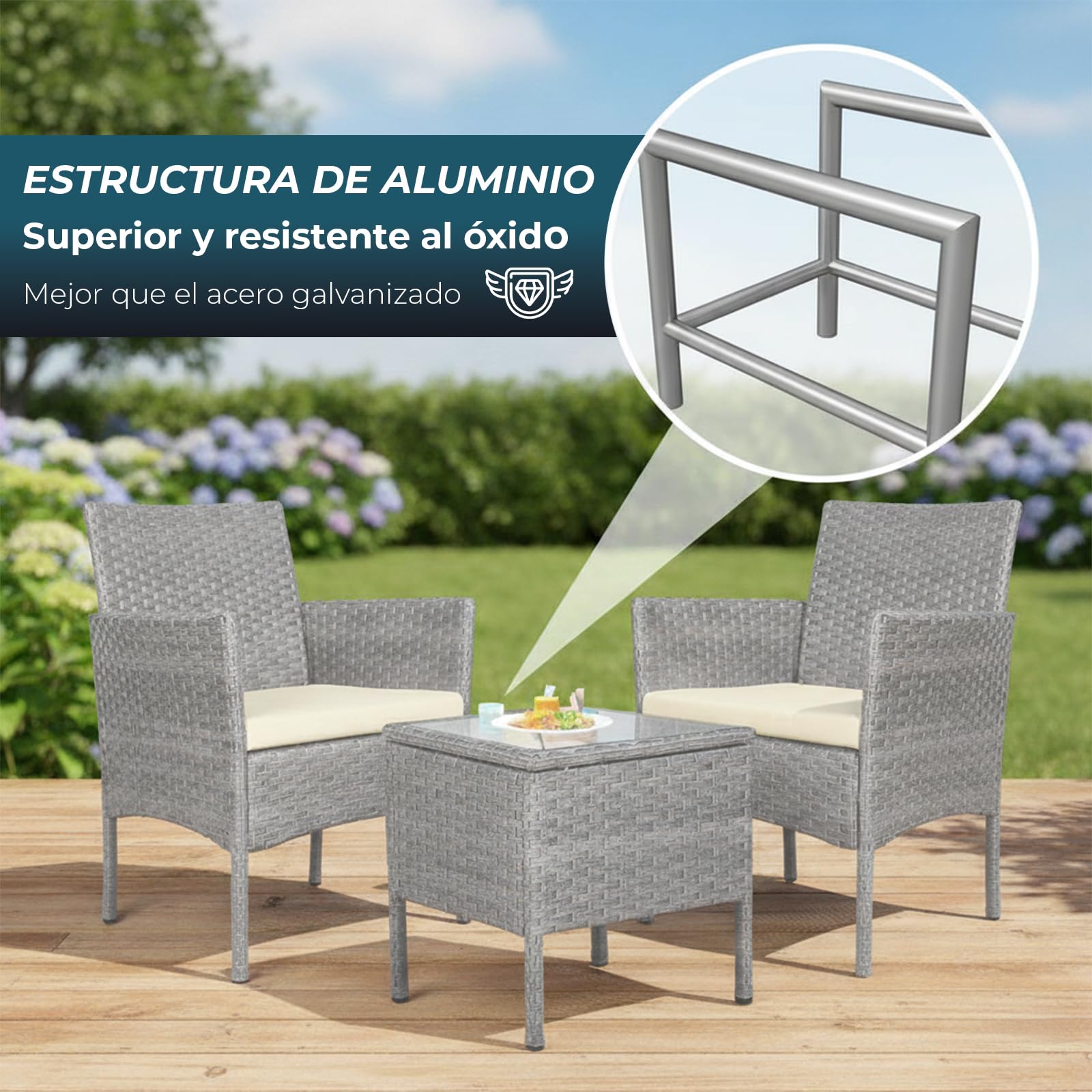 YOEVU - Set de Jardín de Ratán 3 Piezas | 2 Sillas con Cojines y Mesa de Cristal | Resistente al Agua y Sol | Estructura en Aluminio | Ideal para Terraza y Balcón, Ratán