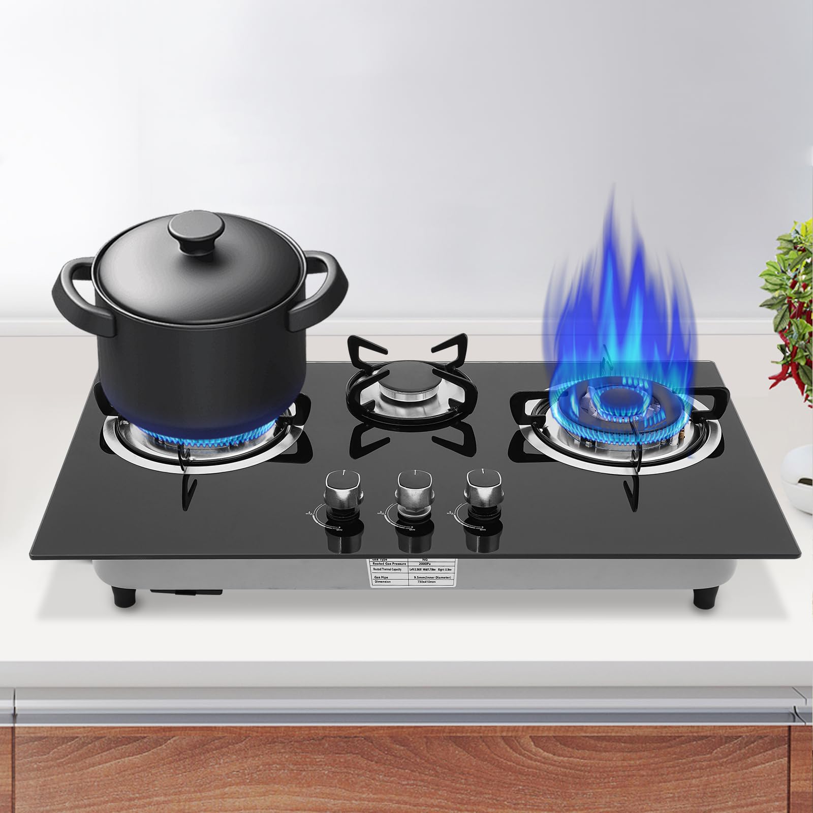 Fornello a gas in vetro da incasso, piano cottura a gas a 3 fuochi Gas Stove, fornello a gas per piani cottura LPG/NG, incluso supporto per pentole, telaio smaltato e testa del forno in alluminio