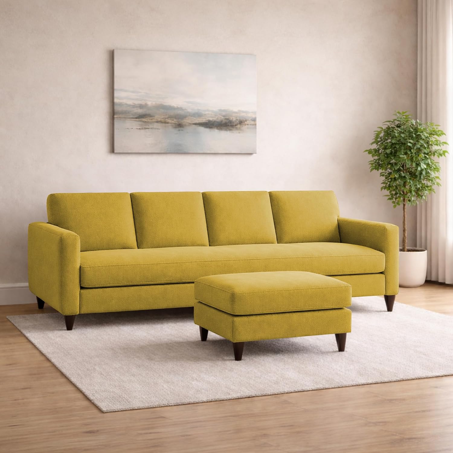 GRAPEWOOD Carlos 5-Seater Sofa Set with Ottoman (Yellow Fabric) | Premium Fabric Modern Sofa for Living Room, Home & Offic...