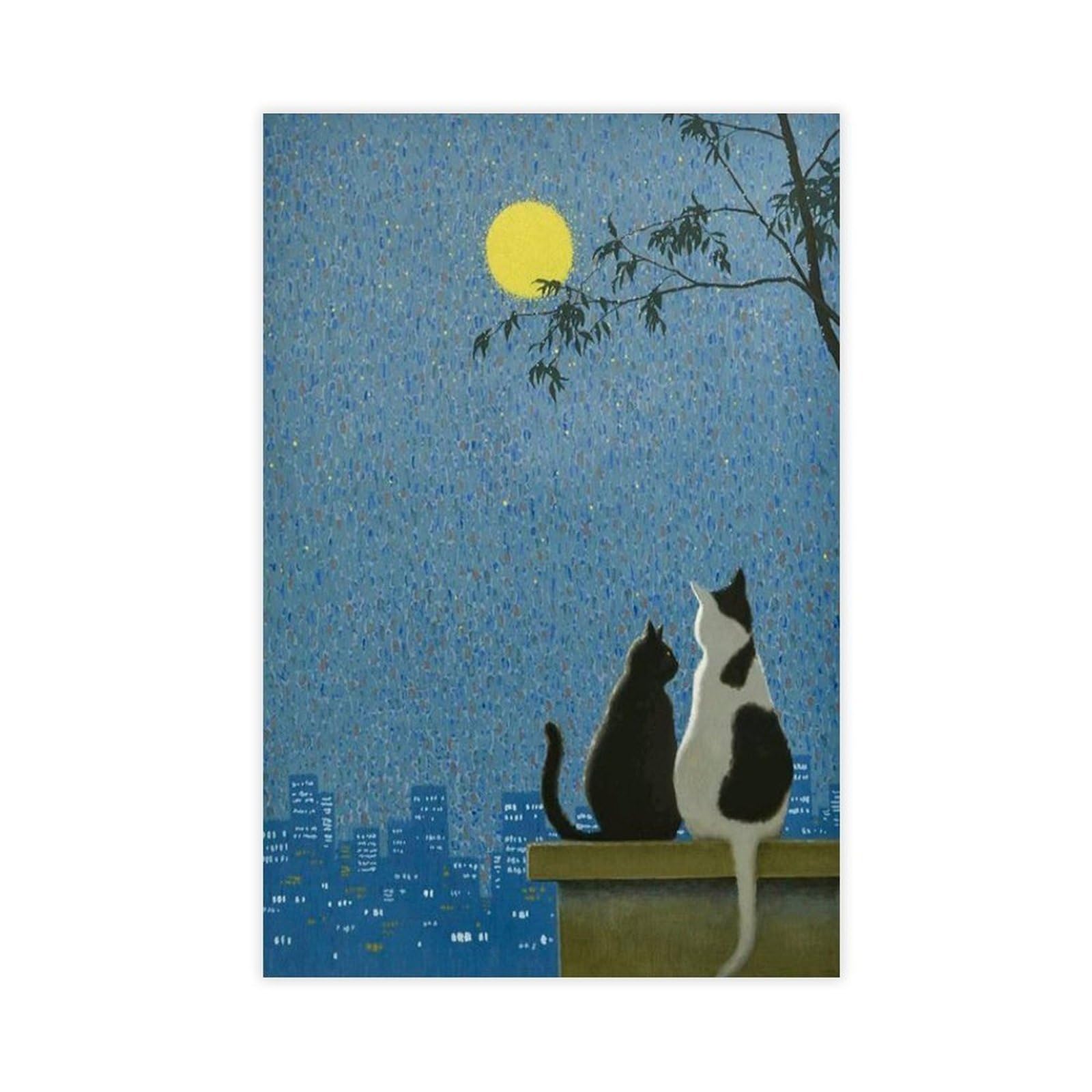 Bareronor Two Cats Admiring The Moon Canvas Poster Bedroom Decor Landscape Office Room Decor Gift 24" L X 36" W