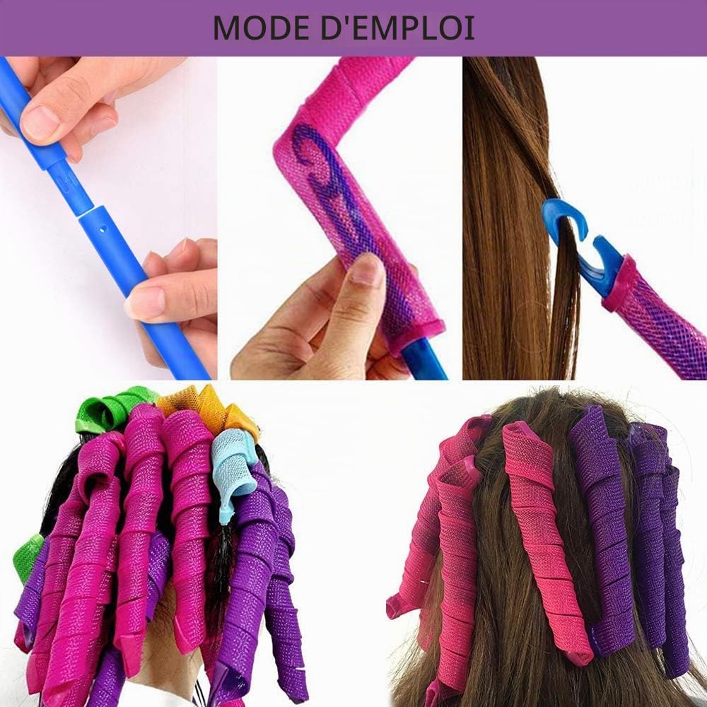 40 Pièces Bigoudis Boucles en Spirale, Bricolage Nuit Sans Chaleur Avec Crochets de Coiffage, Rouleaux Outils de Coiffure pour Femmes (Violet et Rouge, 55 cm)