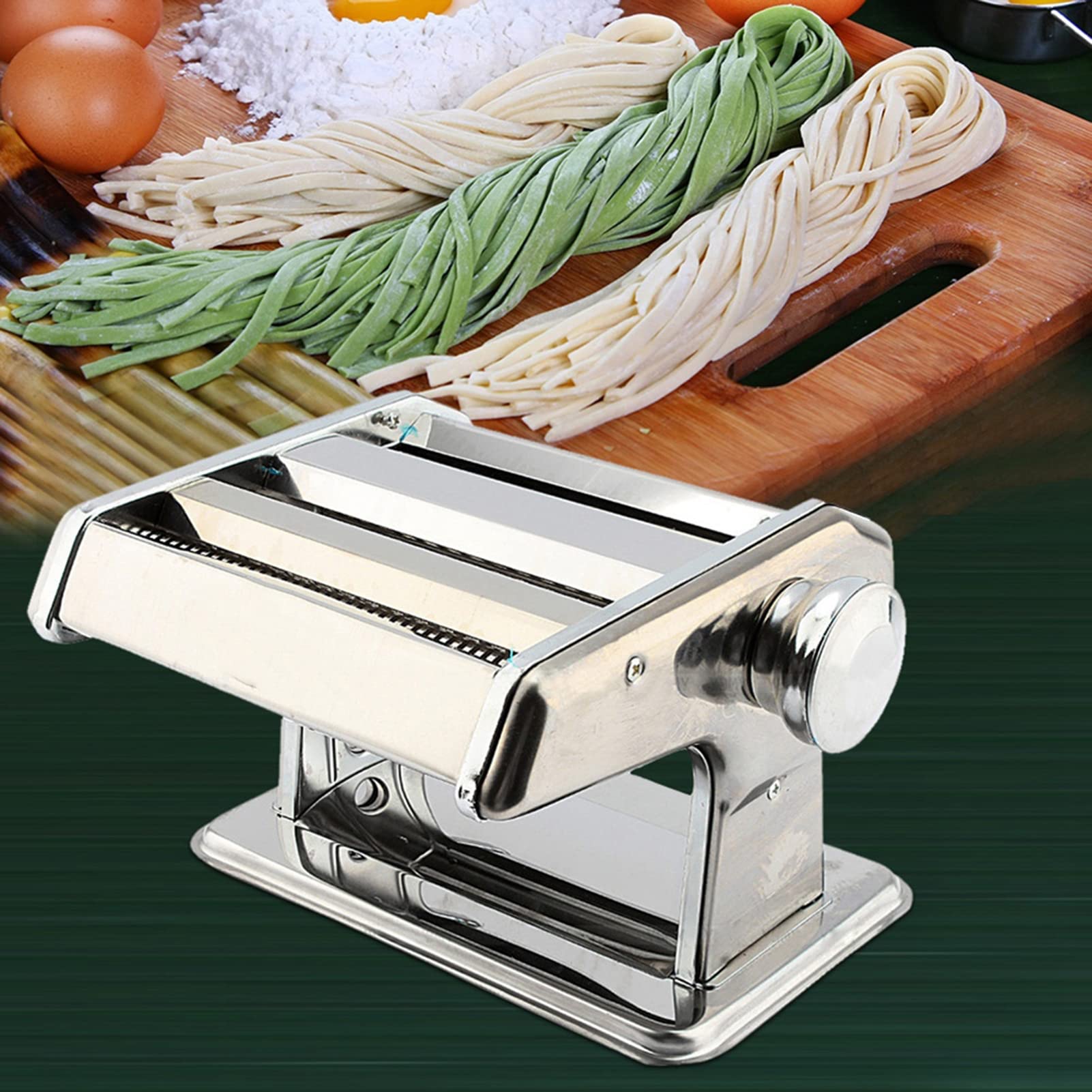 Eujgoov Ręczna Maszyna do Robienia Makaronu Urządzenie do Robienia Makaronu 3 w 1 ze Stali Nierdzewnej z regulowaną grubością Sprawia, że ​​opakowania na Kluski Lasagna Spaghetti
