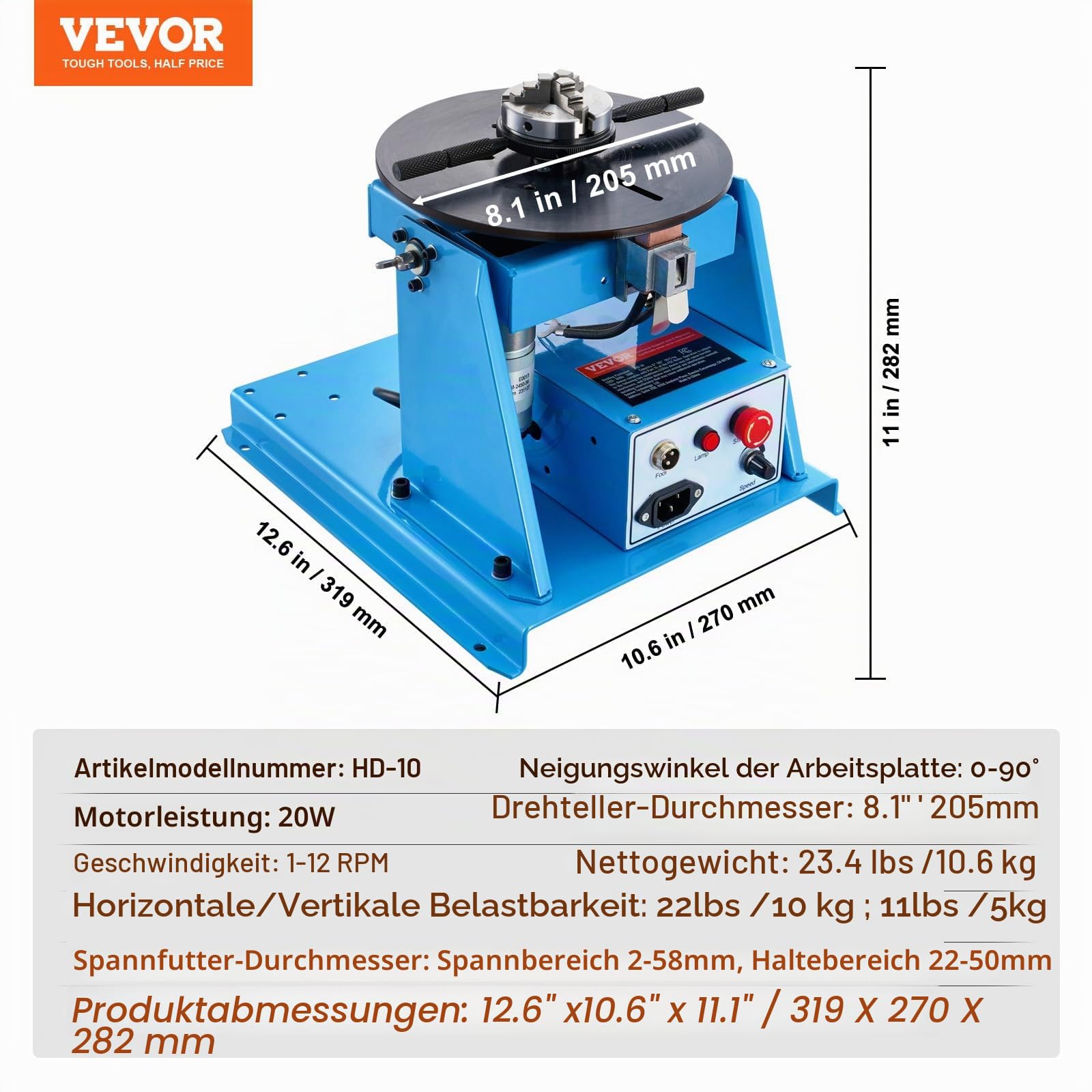 VEVOR Schweißdrehtisch 20 W Schweißpositionierer 1-12 U/min Manipulator 10 kg(Horizontal)/5 kg(vertikal) Drehtisch 0–90° Neigungswinkel K01-63 Dreibackenfutter zum Schneiden, Schleifen, Montieren