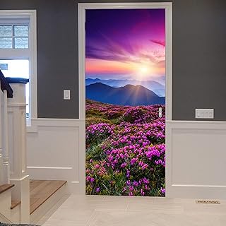 A.Monamour Sticker Porte Autocollant Poster de Porte 3D Fleurs De Rhododendron Rose Montagne Paysage Coucher De Soleil Carpates Vinyle Affiche de Porte Sticker Mural Papier Peint Art Décor 77 x 200 cm