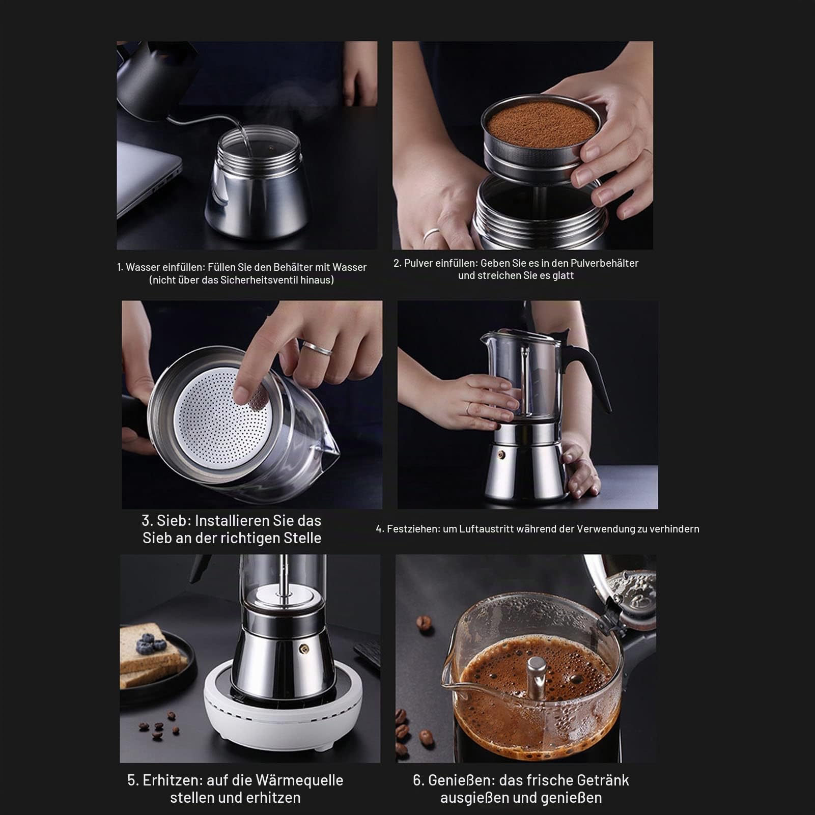 BuyWeek Espressokocher, Mokkakanne Kristallglasplatte Edelstahl Espressokanne Klassische Italienische Espressomaschine für 4 Tassen