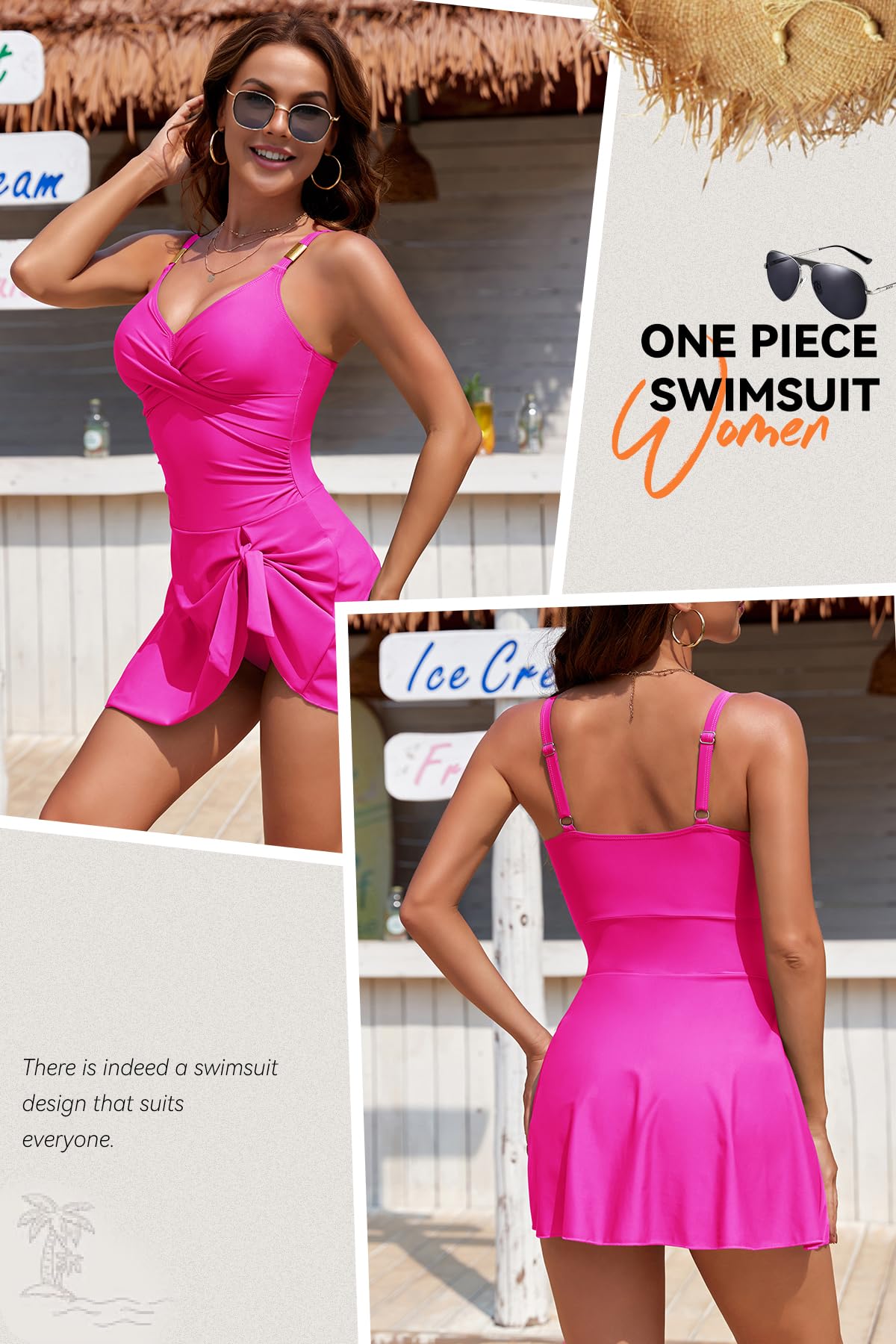 SHEKINI Traje de baño de una pieza para mujer, elegante, con cuello en V, tirantes ajustables, con slip interior, traje de baño de verano