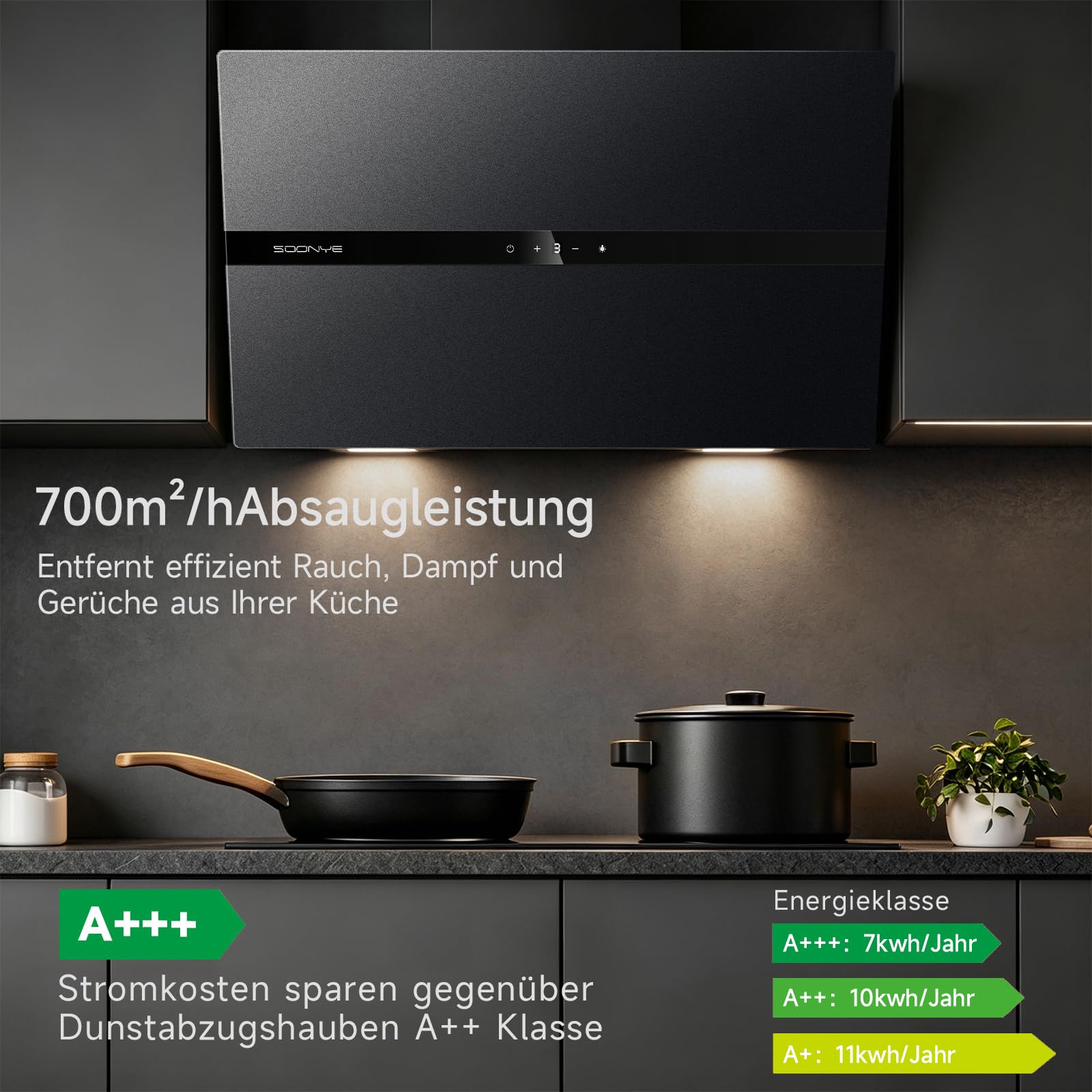 A+++ Dunstabzugshaube 60cm Umluft,Kopffrei Schräghaube 700 m³/h,Gestensteuerung,Touchscreen,Abluft Wandmontage Wandhaube Abzugshaube,Schwarz Mattglas Kopffreihaube