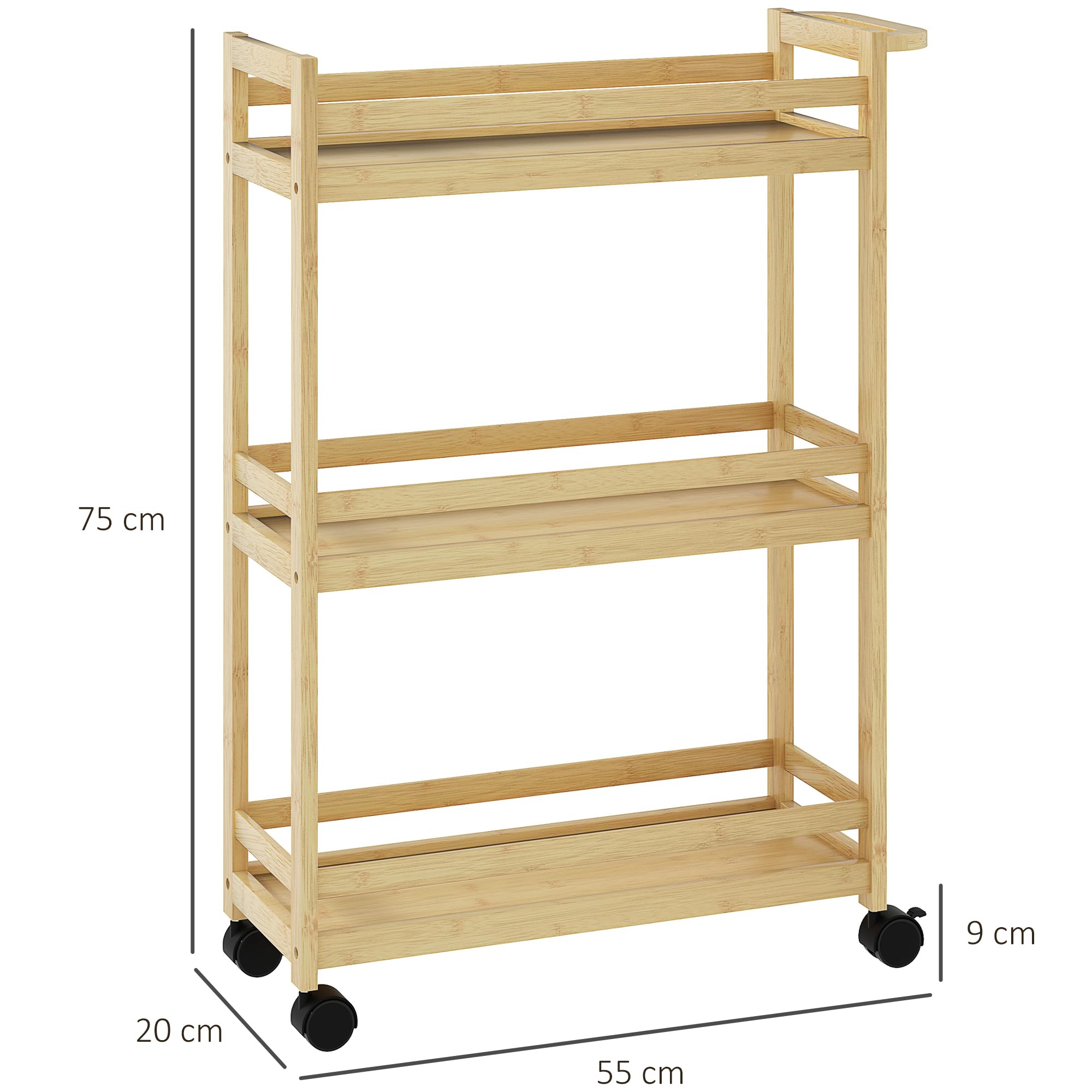 HOMCOM Étagère de Rangement de Salle de Bain en Bambou à 3 Niveaux, Chariot de Rangement, Meuble Salle de Bain avec roulettes pour Cuisine, Salle de Bain, Salon, dim. 55 x 20 x 75 cm - Naturel