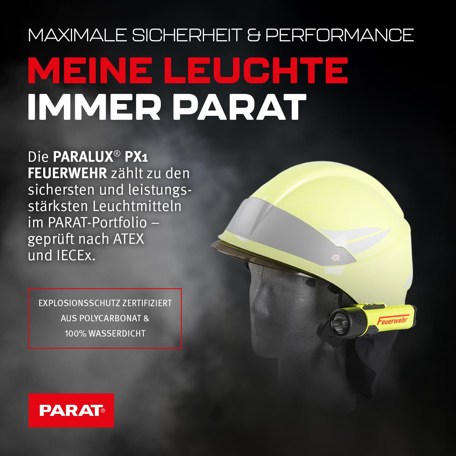 Parat PARALUX® PX1 FEUERWEHR Set für R.Heros Smart/Matrix Links | LED Arbeitsleuchte mit 120 Lumen | EX-geschützte LED Taschenlampe | Wasserdichte Helmlampe | inkl. Batterien, Adapter & Halterung