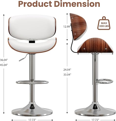 Miniatura 2 de Juego de 3 taburetes de bar giratorios de altura ajustable de madera curvada, silla de bar tapizada en piel sintética con respaldo y reposapiés para