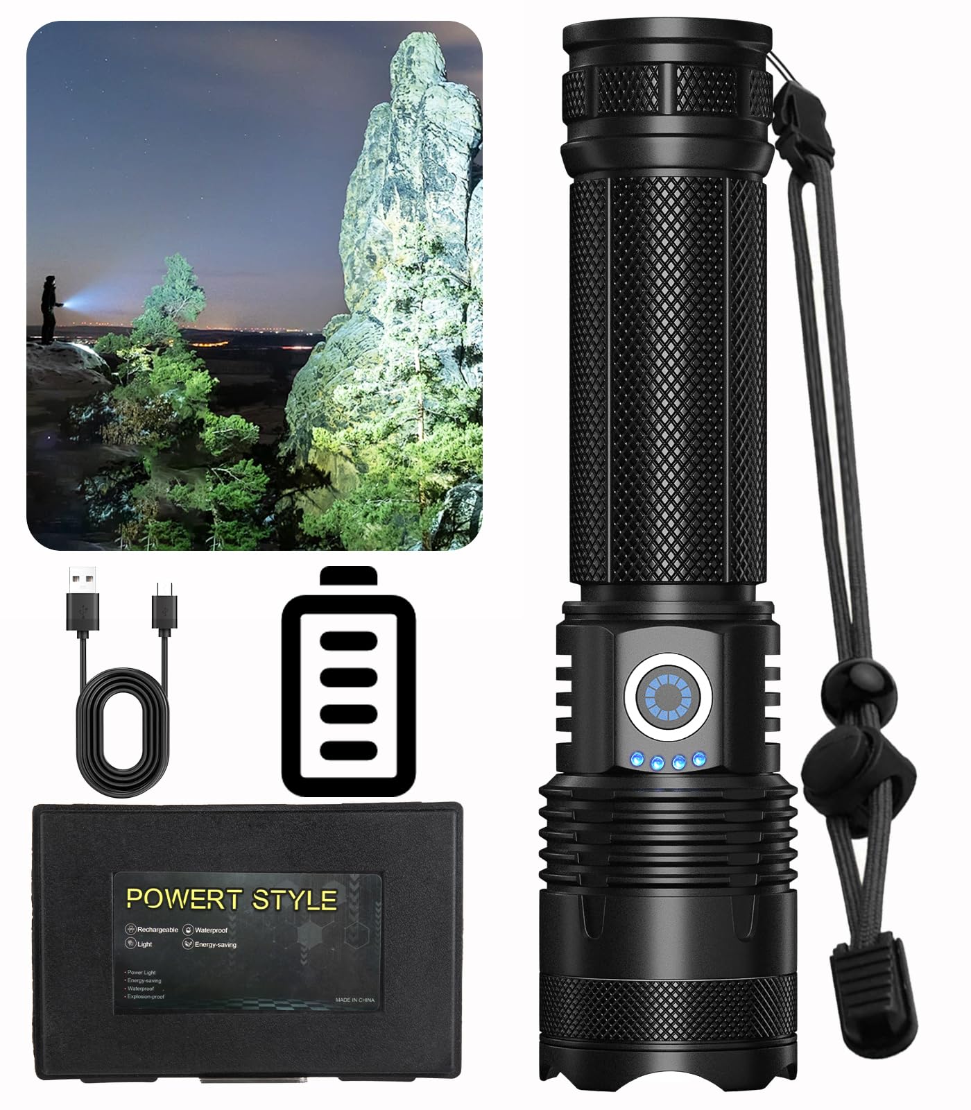 Rechargeable Flashlights High Lumens, 990000 Lumens LED Flashlight with 5 Modes, IPX6 Waterproof Flash Light with Large Capacity, Brightest Flashlights for Home Camping