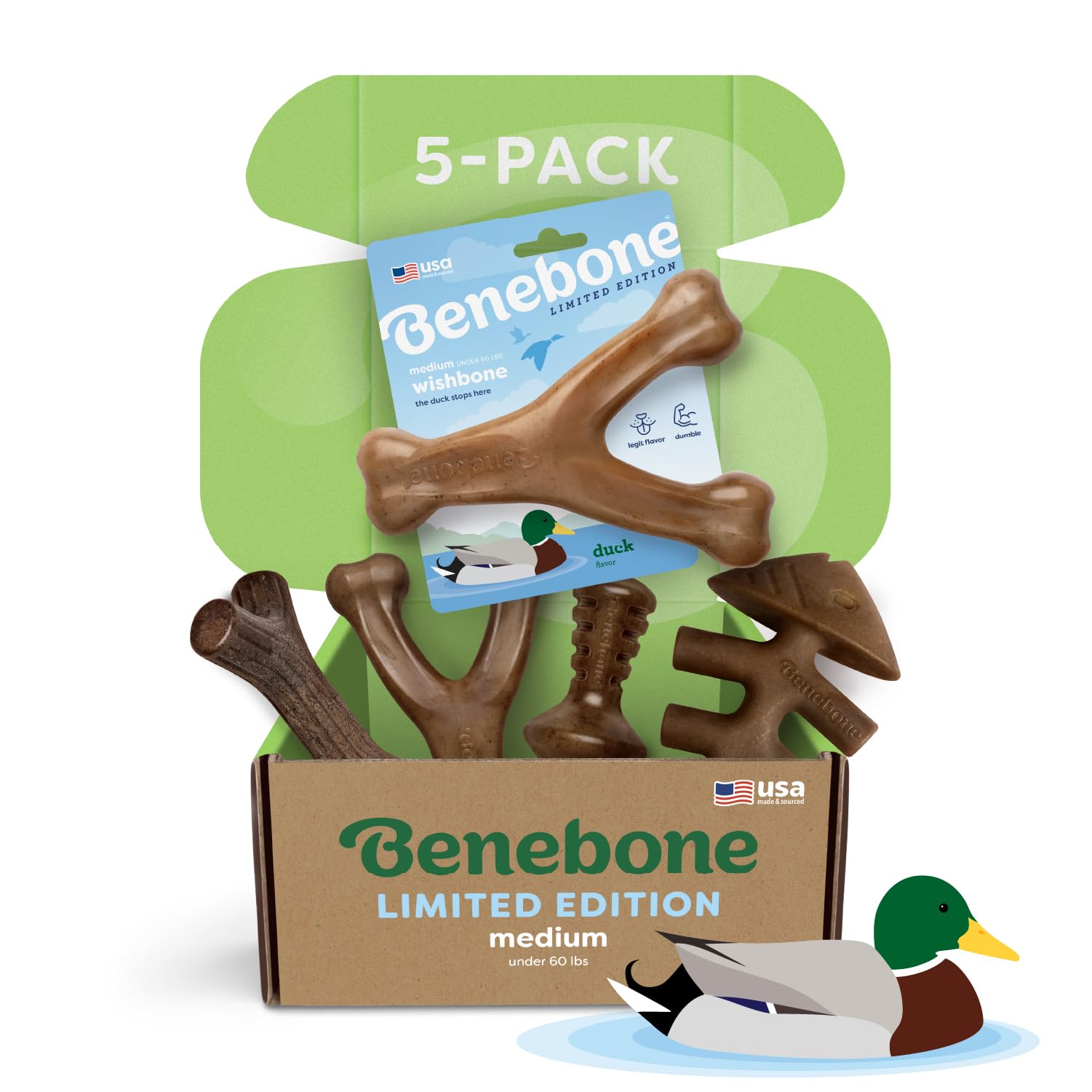 Bundle of Benebone Wishbone Durable Dog Chew Toy for Aggressive Chewers, Duck, Made in USA, Medium + Benebone Medium 4-Pack Dog Chew Toys for Aggressive Chewers, Made in USA, 60lbs and Under